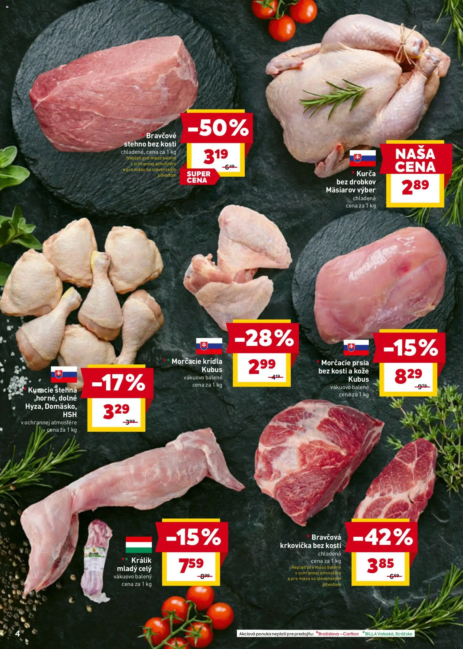 Nové Billa akcie – leták je platný od 18.03.2026 | Strana: 4 | Produkty: Bravčové stehno, Krkovička, Kurča