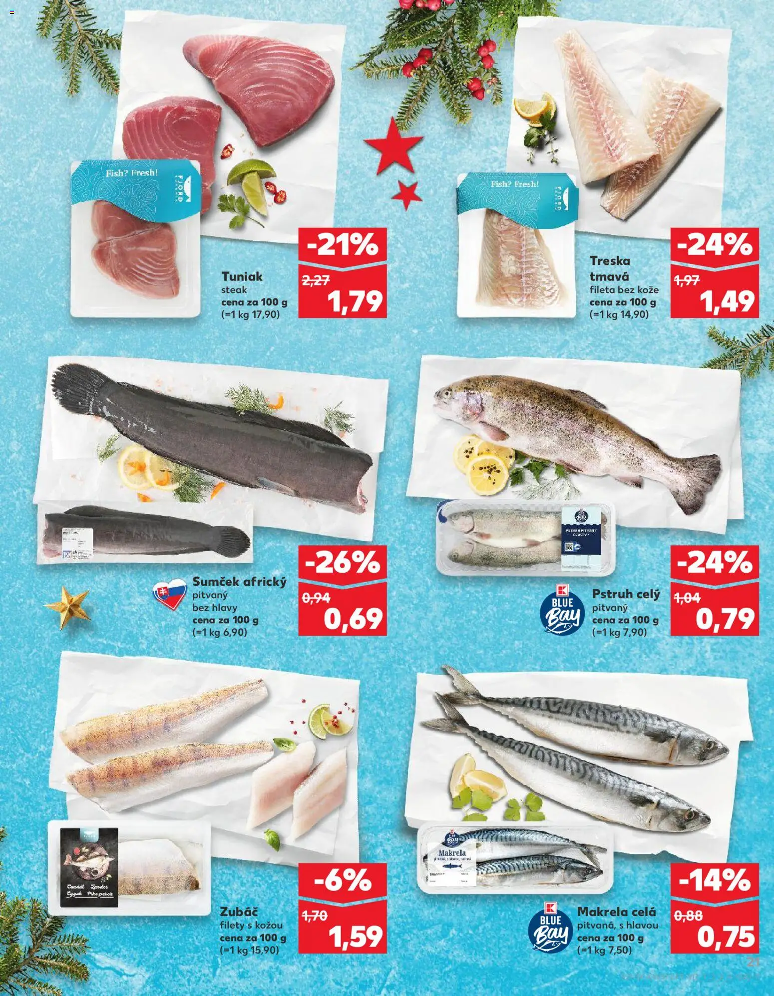 Nové Kaufland akcie – leták je platný od 18.12.2025 | Strana: 21 | Produkty: Tuniak, Pstruh, Steak, Treska