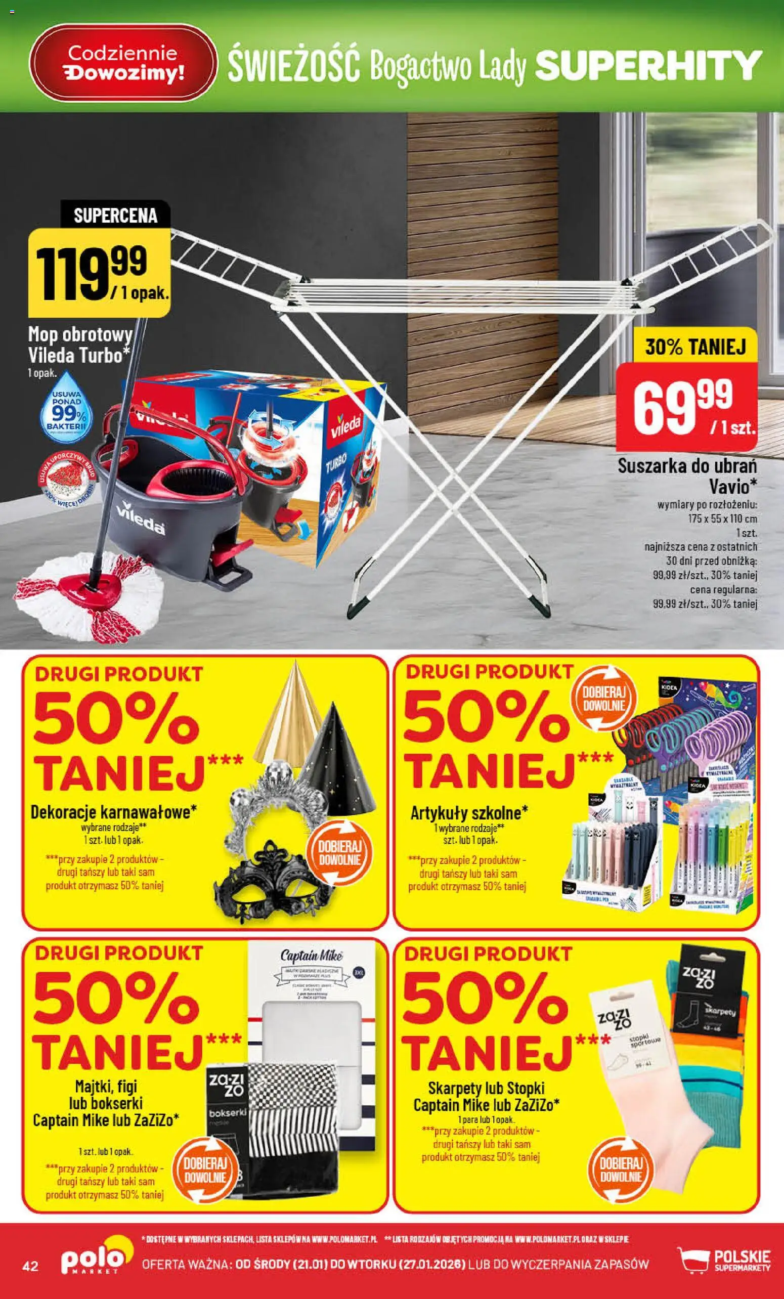 POLOmarket Gazetka od 21.01.2026 | Strona: 42 | Produkty: Skarpety, Bokserki, Suszarka, Mop obrotowy