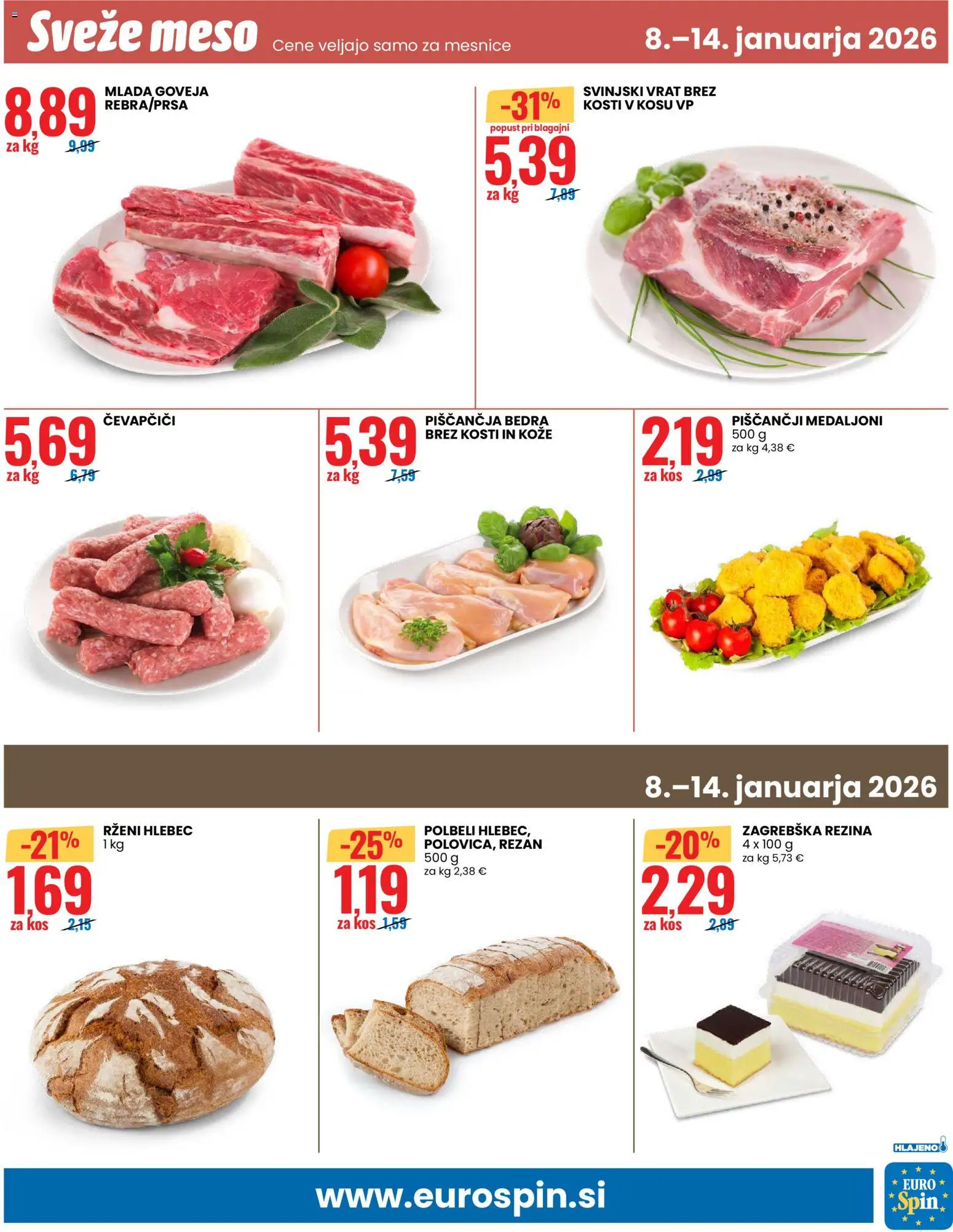 Novi Eurospin katalog ponudbe – veljaven od 08.01.2026 | Stran: 17 | Izdelki: Čevapčiči, Piščančja bedra, Kos, Hlebec