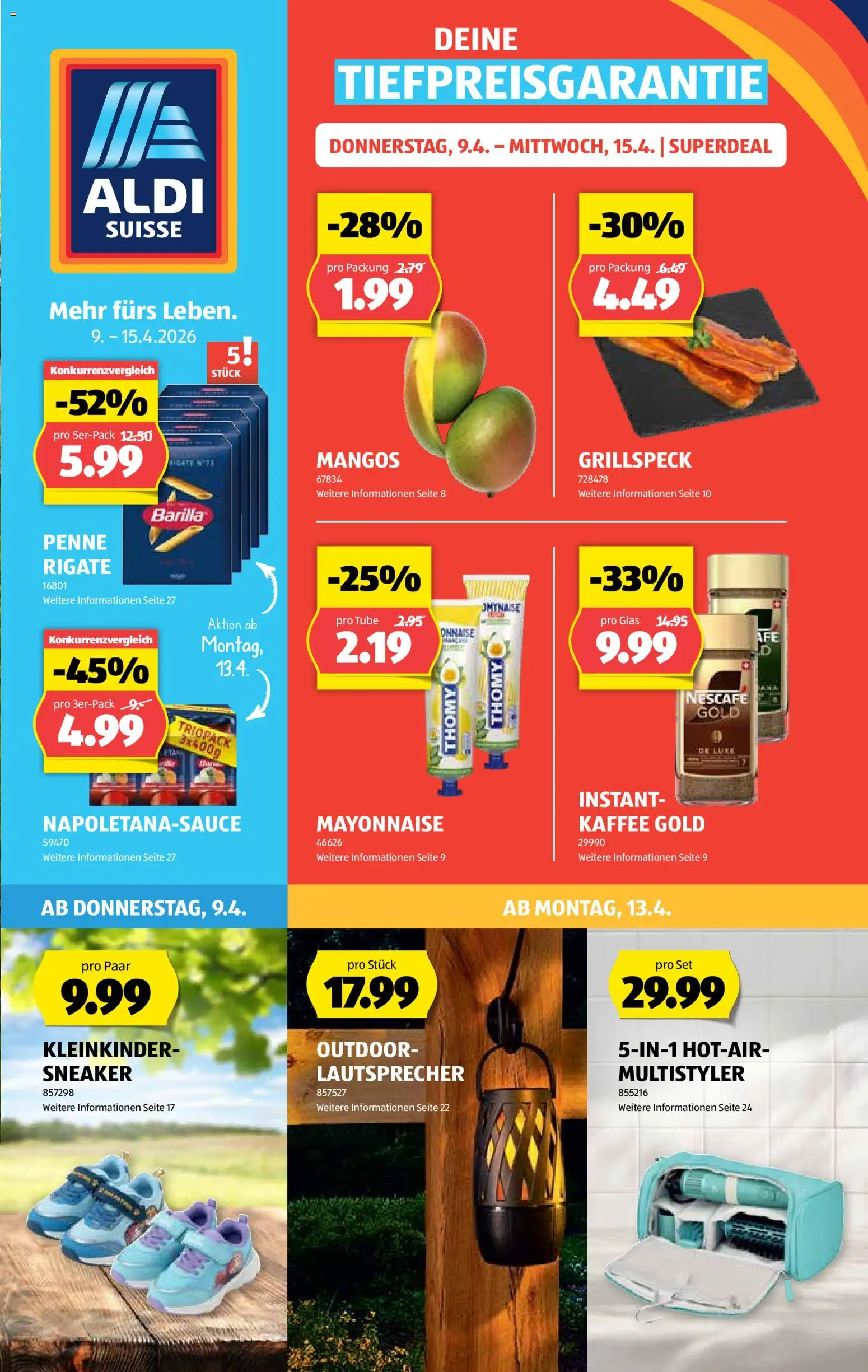 Aldi aktionen – gültig ab 09.04.2026 | Seite: 1 | Produkte: Barilla, Kaffee, Mayonnaise, Lautsprecher