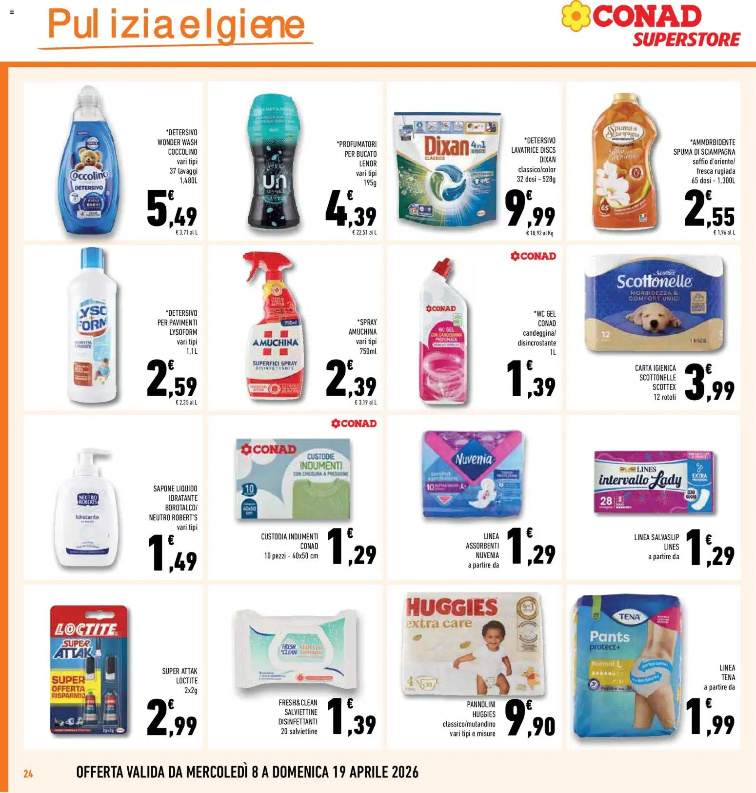 Volantino Conad del 08.04.2026 | Pagina: 24 | Prodotti: Pannolini, Sapone, Lavatrice, WC