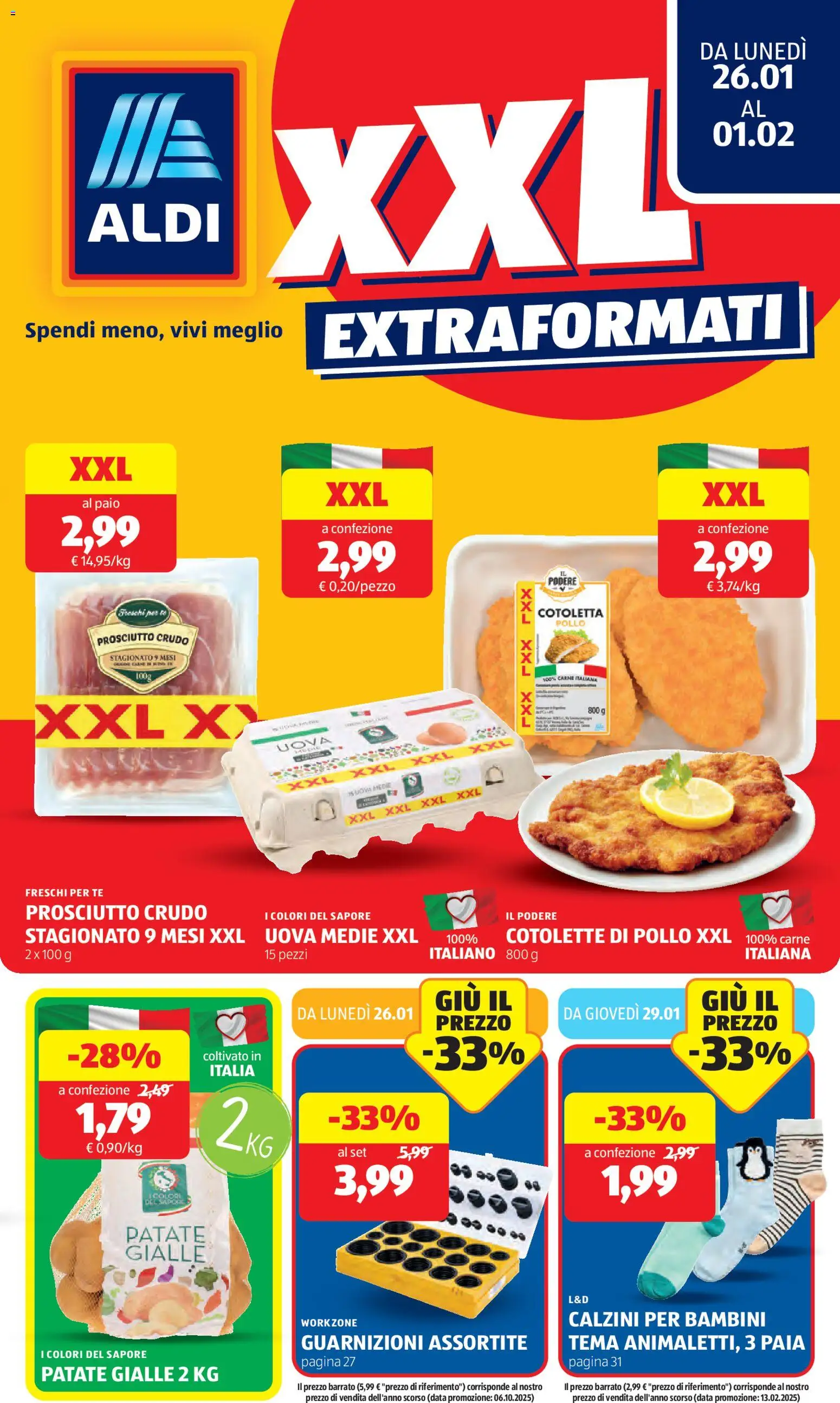 Volantino Aldi del 26.01.2026 | Pagina: 1 | Prodotti: Prosciutto Crudo, Tè, Calzini, Patate