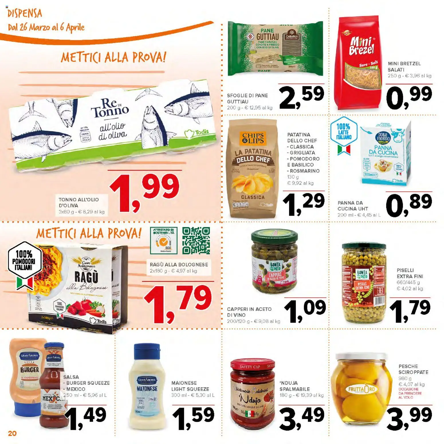 Volantino Todis del 26.03.2026 | Pagina: 20 | Prodotti: Salsa, Piselli, Aceto, Olio di Oliva