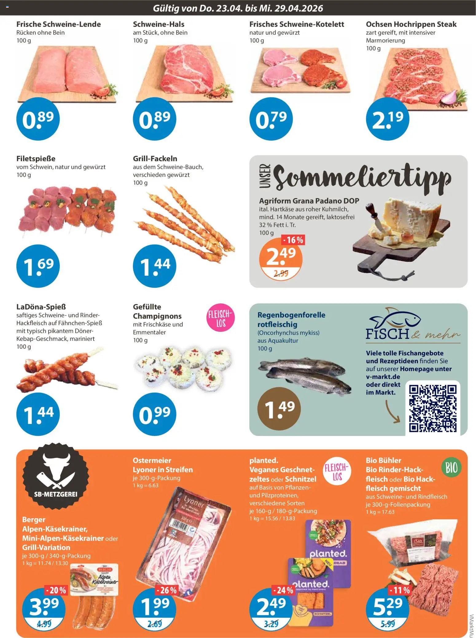 V-Markt München – gültig ab 23.04.2026 | Seite: 3 | Produkte: Schnitzel, Fisch, Rindfleisch, Hackfleisch