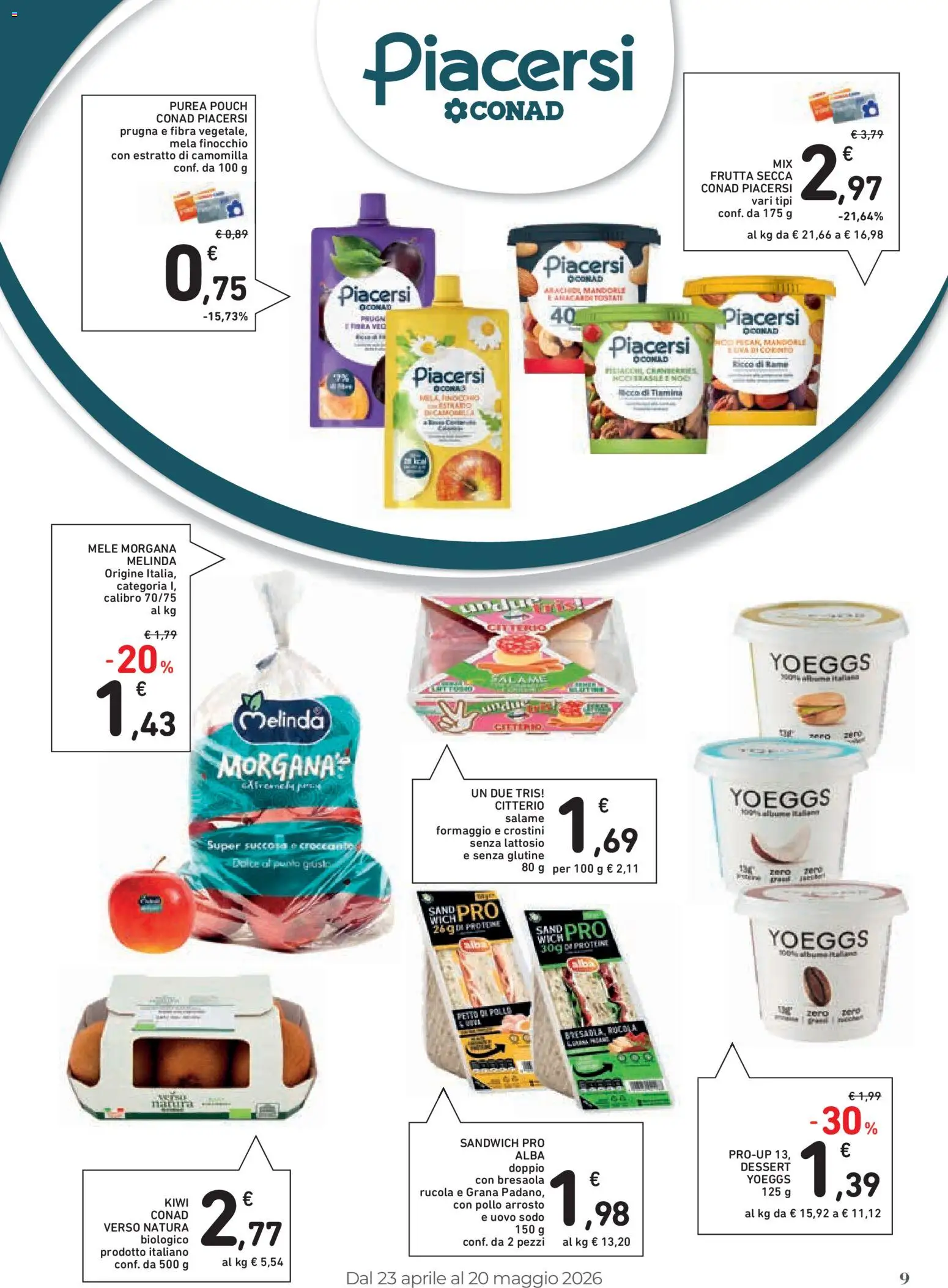 Volantino Conad del 23.04.2026 | Pagina: 9 | Prodotti: Salame, Mele, Formaggio, Crostini
