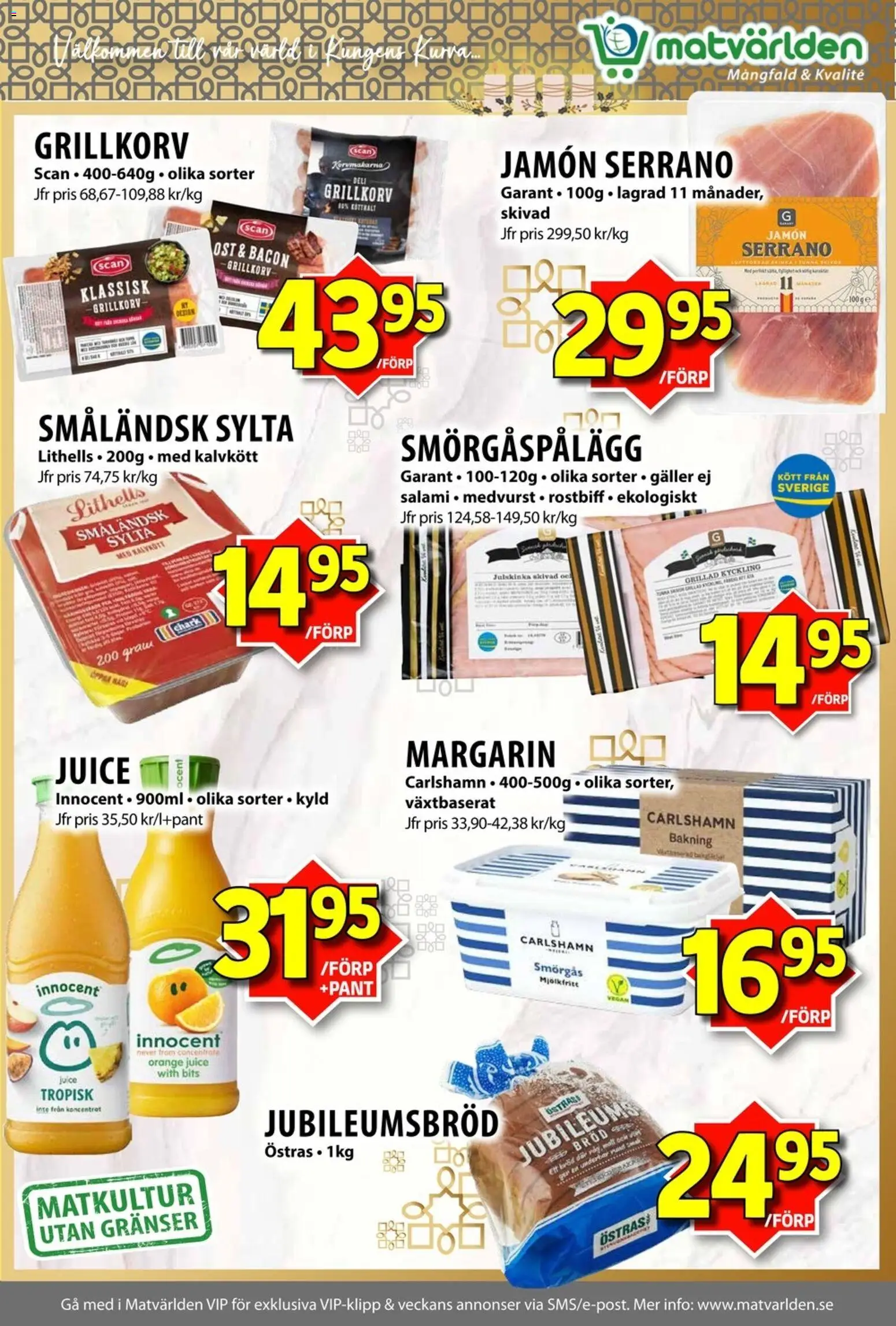 Matvärlden reklamblad aktuell från 01.12.2025 | Sida: 3 | Produkter: Bacon, Margarin, Smörgåspålägg, Bröd