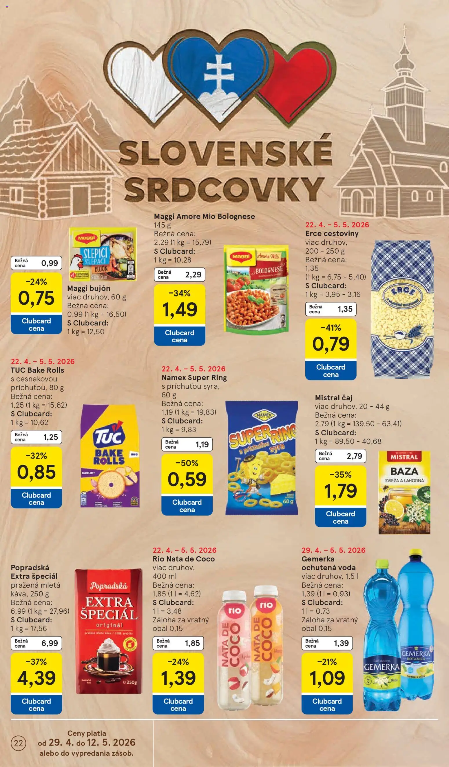 Nové Tesco akcie – leták je platný od 29.04.2026 | Strana: 22 | Produkty: Bujón, Čaj, Cestoviny, Gemerka