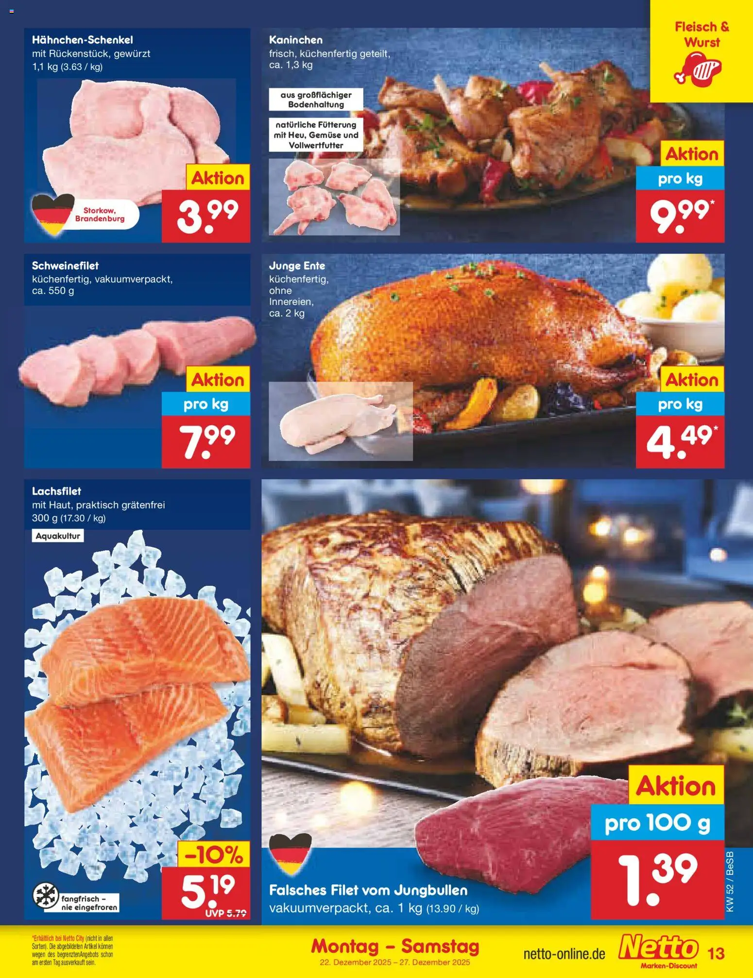 Netto Marken-Discount Prospekt 	 – gültig ab 22.12.2025 | Seite: 13 | Produkte: Hahnchenschenkel, Gemüse, Wurst, Ente