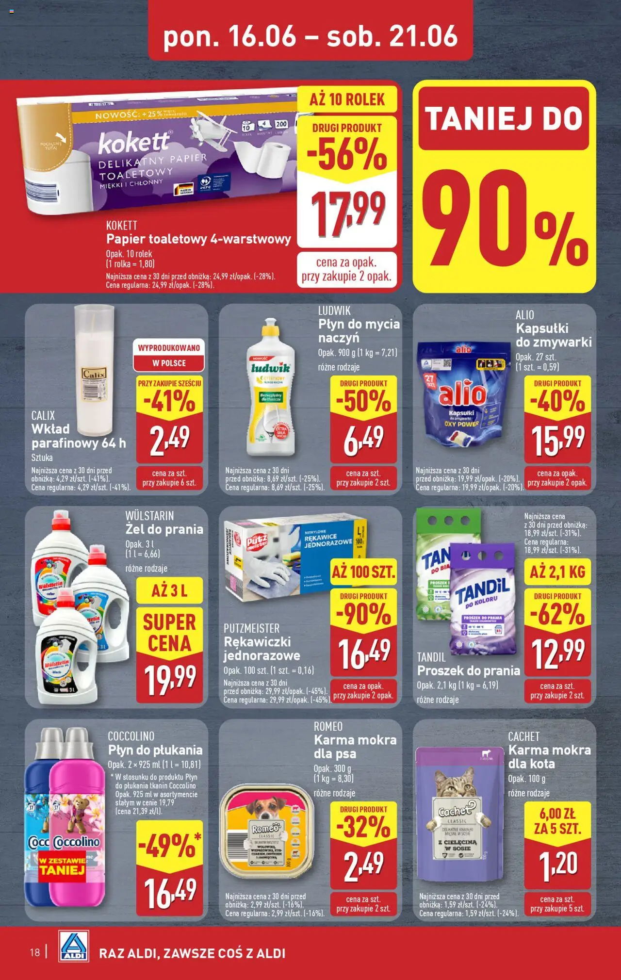Aldi Gazetka od 16.06.2025 | Strona: 18 | Produkty: Rękawiczki, Karma mokra dla kota, Proszek do prania, Detergent