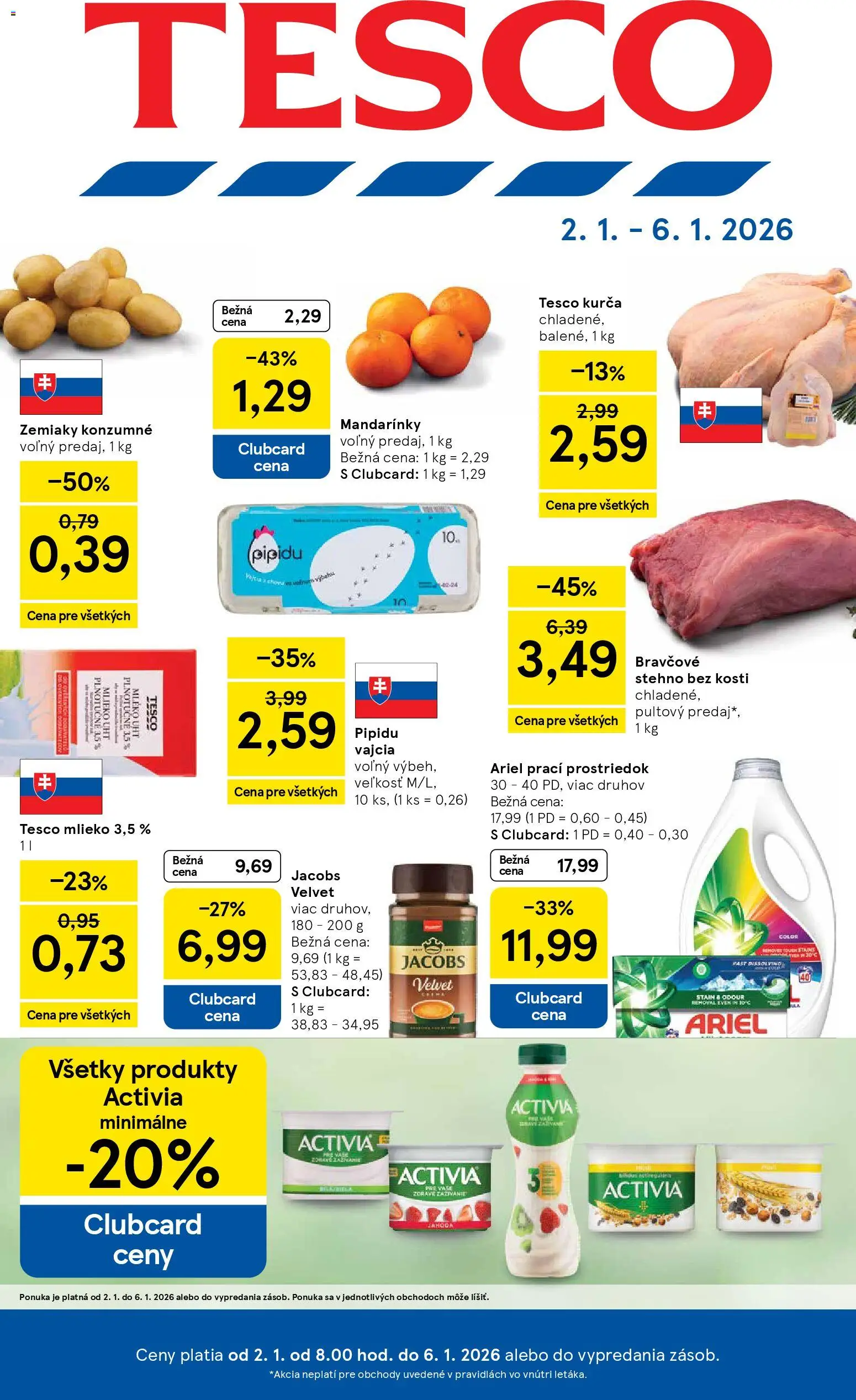 Nové Tesco akcie – leták je platný od 02.01.2026 | Strana: 1 | Produkty: Jacobs Velvet, Vajcia, Mandarinky, Kurča