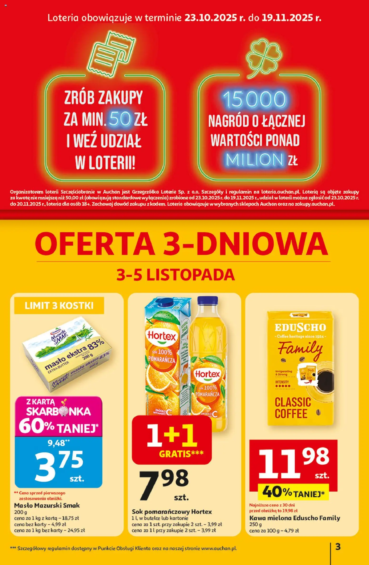 Auchan Gazetka - Pewność niskich cen Hipermarket od 30.10.2025 | Strona: 3 | Produkty: Sok pomarańczowy, Masło, Kawa, Sok