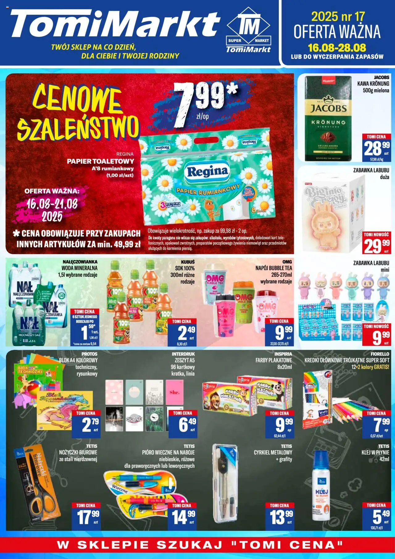TomiMarkt Gazetka od 16.08.2025 | Strona: 1 | Produkty: Zeszyt, Kawa, Banan, Woda