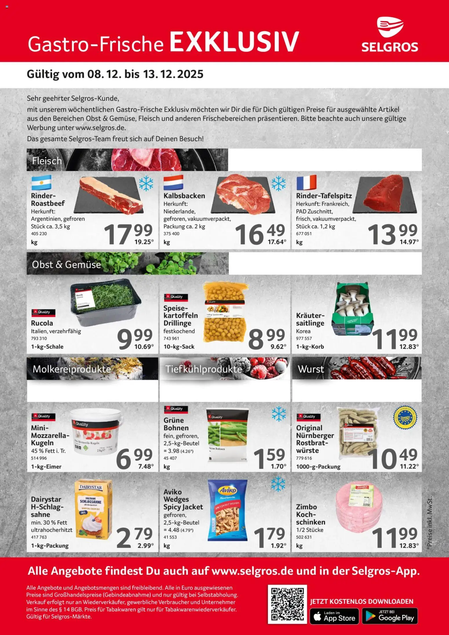 Selgros Gastro Angebote – gültig ab 08.12.2025 | Seite: 1 | Produkte: Mozzarella, Kartoffeln, Gemüse, Sahne