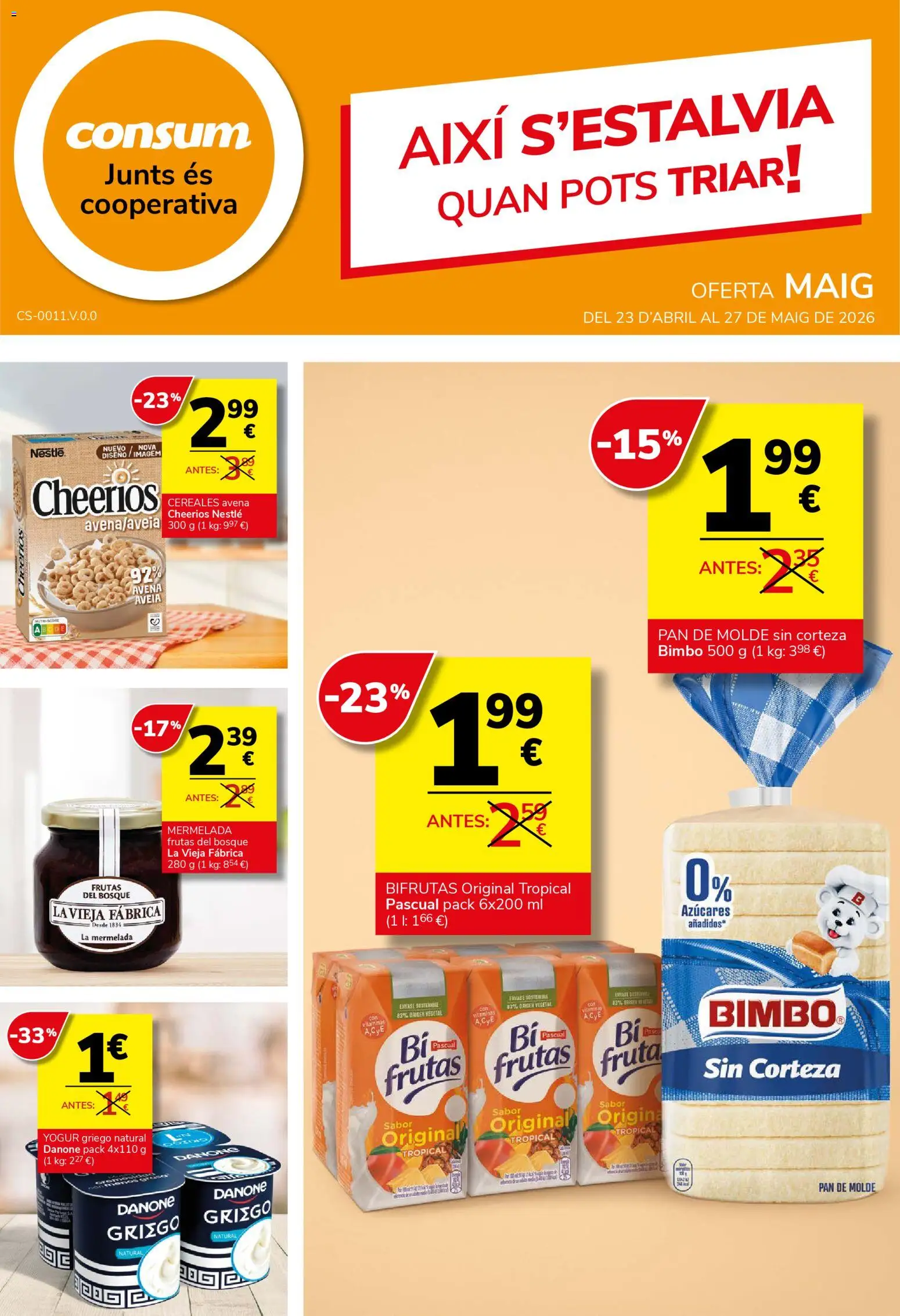 Consum folleto │ válido desde el 23.04.2026 | Página: 1 | Productos: Yogur, Μαγειρική εστία, Cereales, Pan de molde
