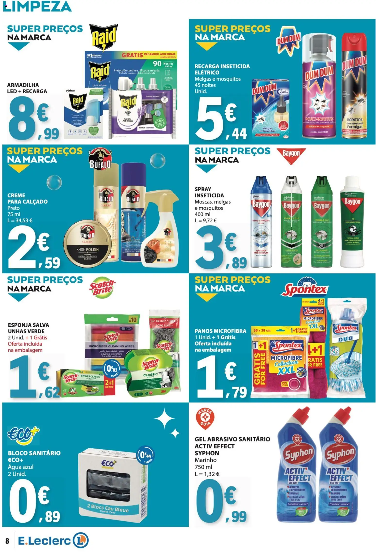 E.Leclerc Especial Limpeza do Lar │ válido de 03.03.2026 | Página: 8 | Produtos: Agua, Esponja, Inseticida, Creme