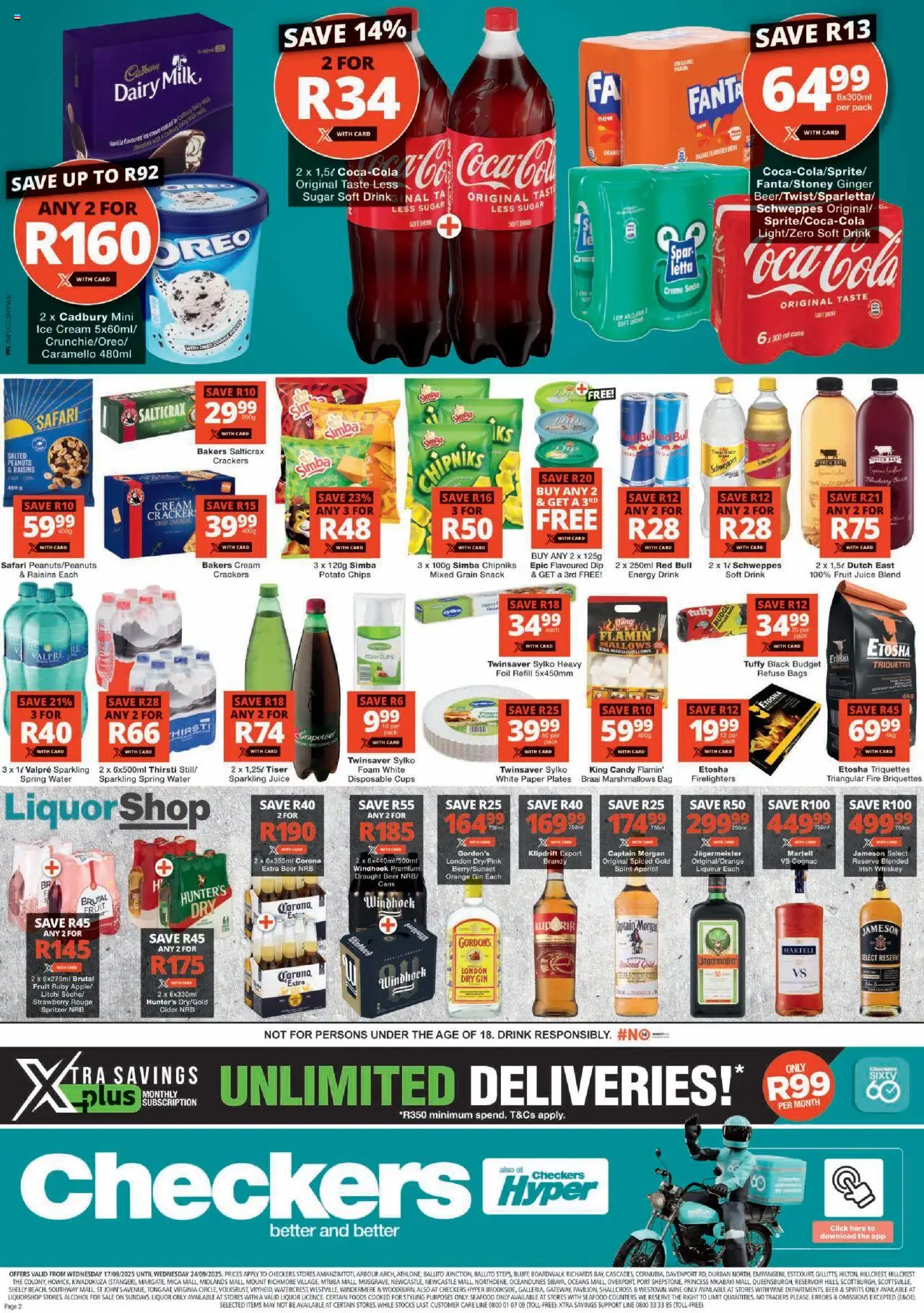 New Checkers catalogue – valid from 17.09.2025 | Page: 2 | Products: Chips, Ice cream, Fruit, Ensalada de quino