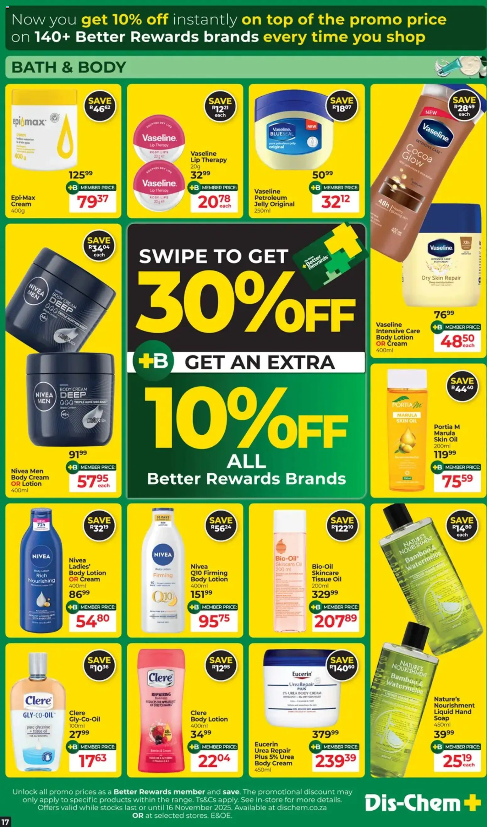 New Dis-Chem catalogue – valid from 21.10.2025 | Page: 17 | Products: Tissue oil, Bath, Cream, Lip therapy