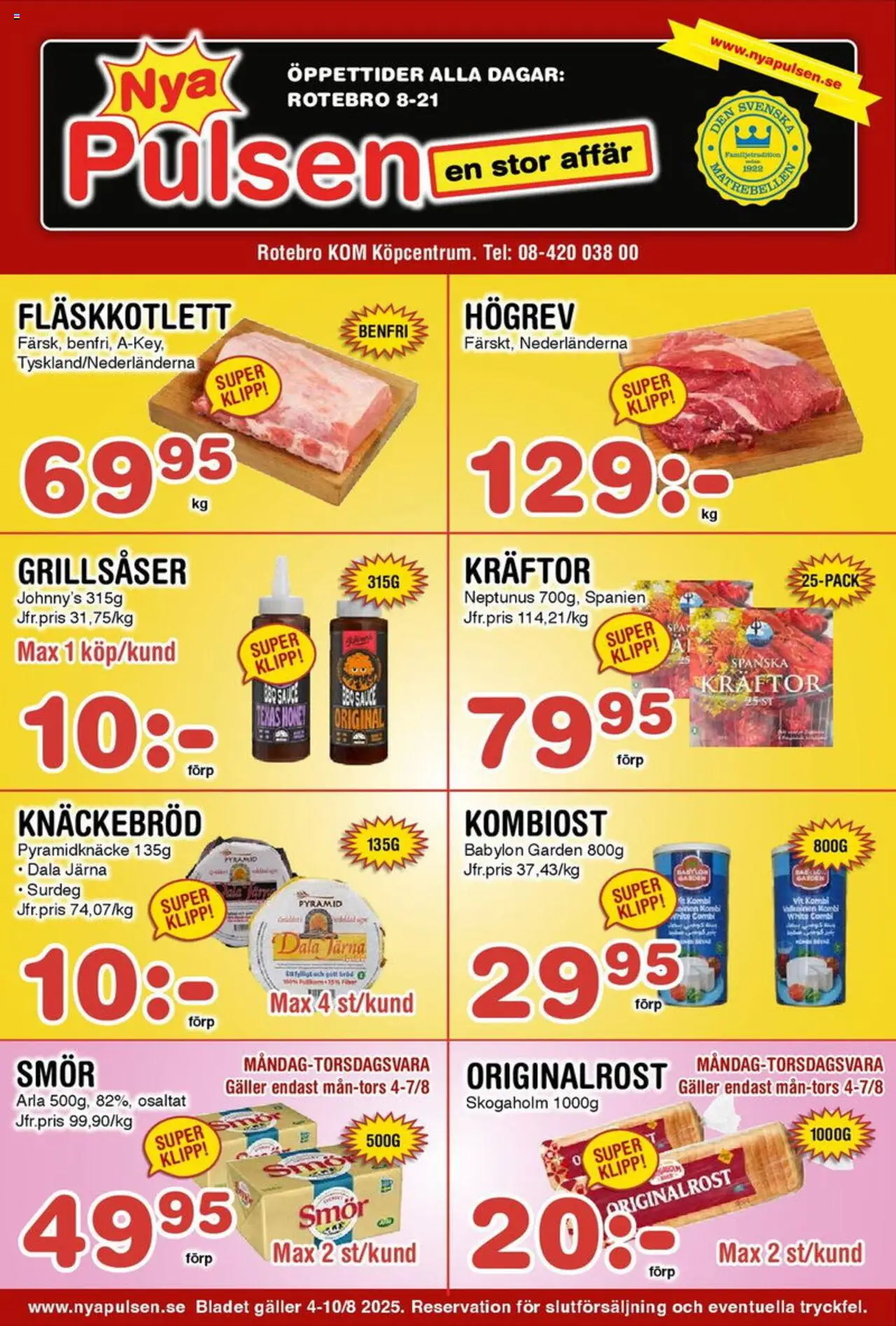 Nya Pulsen reklamblad aktuell från 04.08.2025 | Sida: 1 | Produkter: Kräftor, Galler, Knäckebröd, Smör