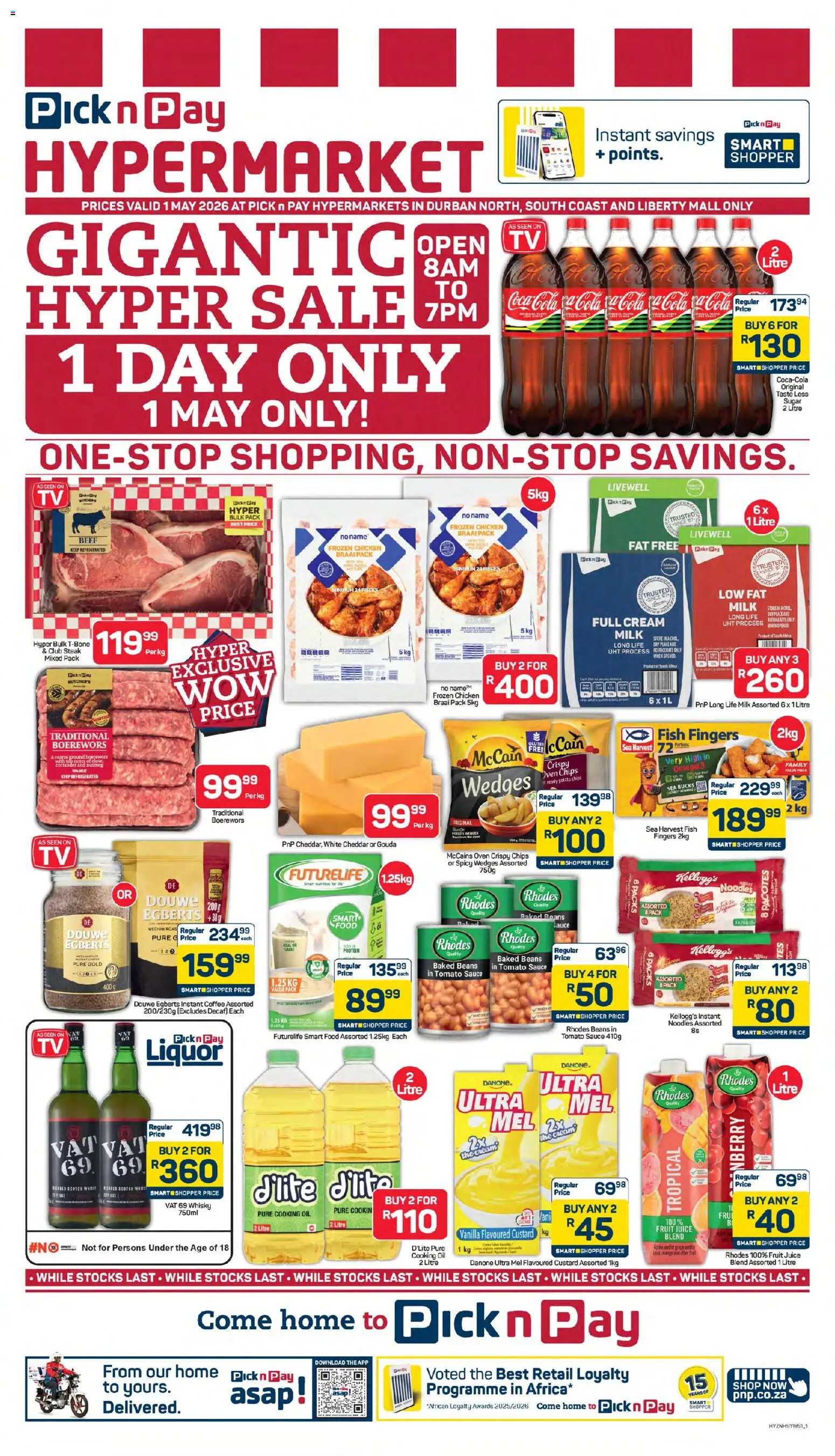 New Pick n Pay catalogue – valid from 01.05.2026 | Page: 1 | Products: Baked beans, Steak, Oil, Estuche organizador de viaje