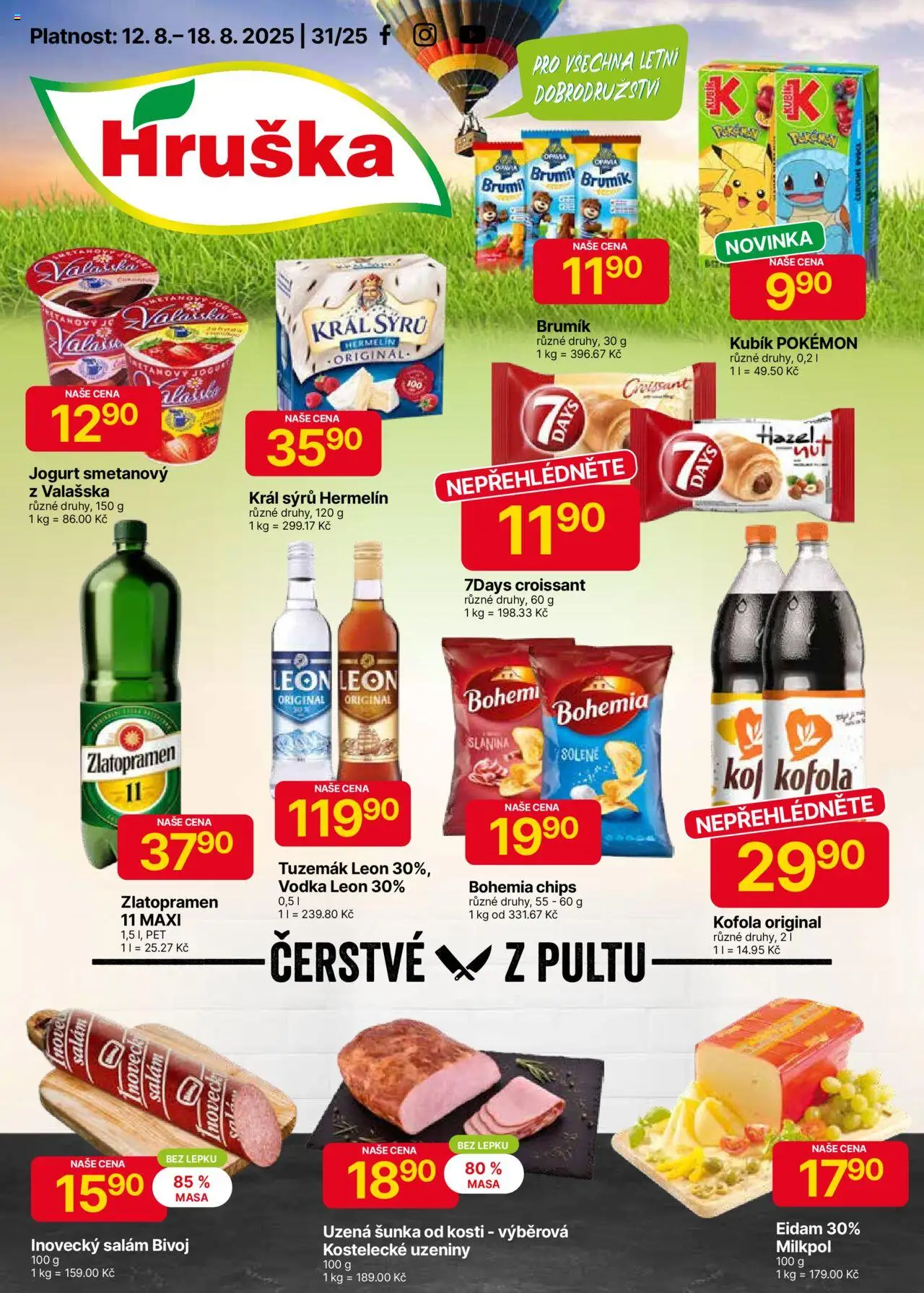 Hruška leták od 12.08.2025 | Strana: 1 | Produkty: Zlatopramen, Jogurt, Slanina, Bohemia chips