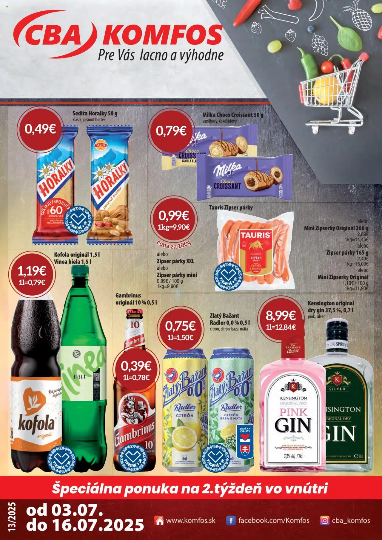 CBA Komfos leták │ platný od 03.07.2025 | Strana: 1 | Produkty: Radler, Kofola, Zlatý Bažant, Horálky