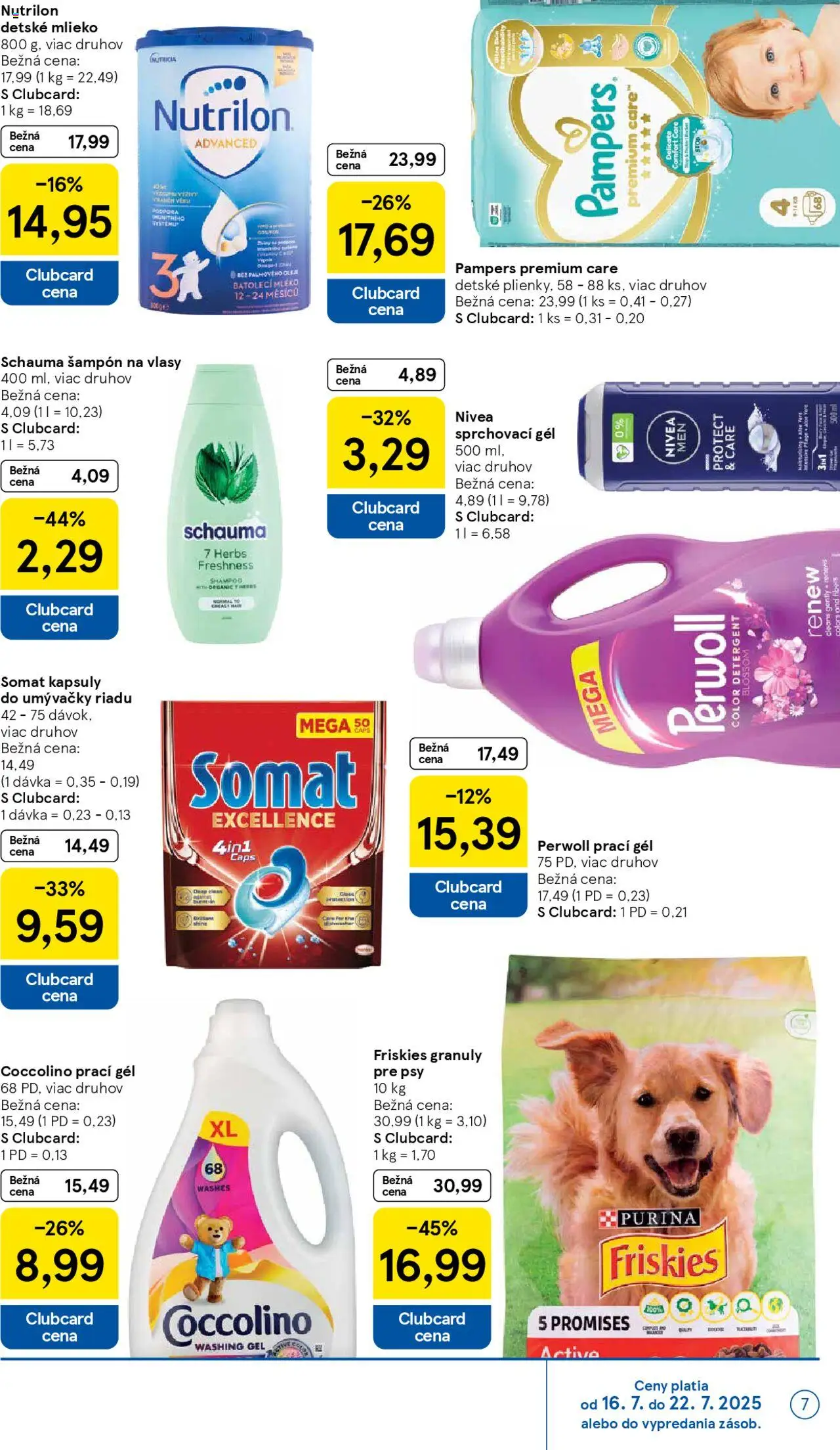 Tesco Hypermarket - leták │ platný od 16.07.2025 | Strana: 7 | Produkty: Mlieko, Friskies, Perwoll, Pampers