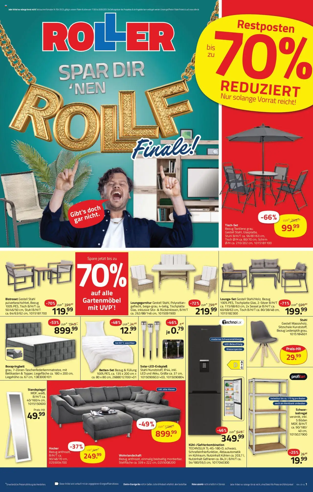 Roller Prospekt 	 - gültig ab dem 17.08.2025 | Seite: 1 | Produkte: Boxspringbett, Tisch, Stuhl, Gartenmöbel