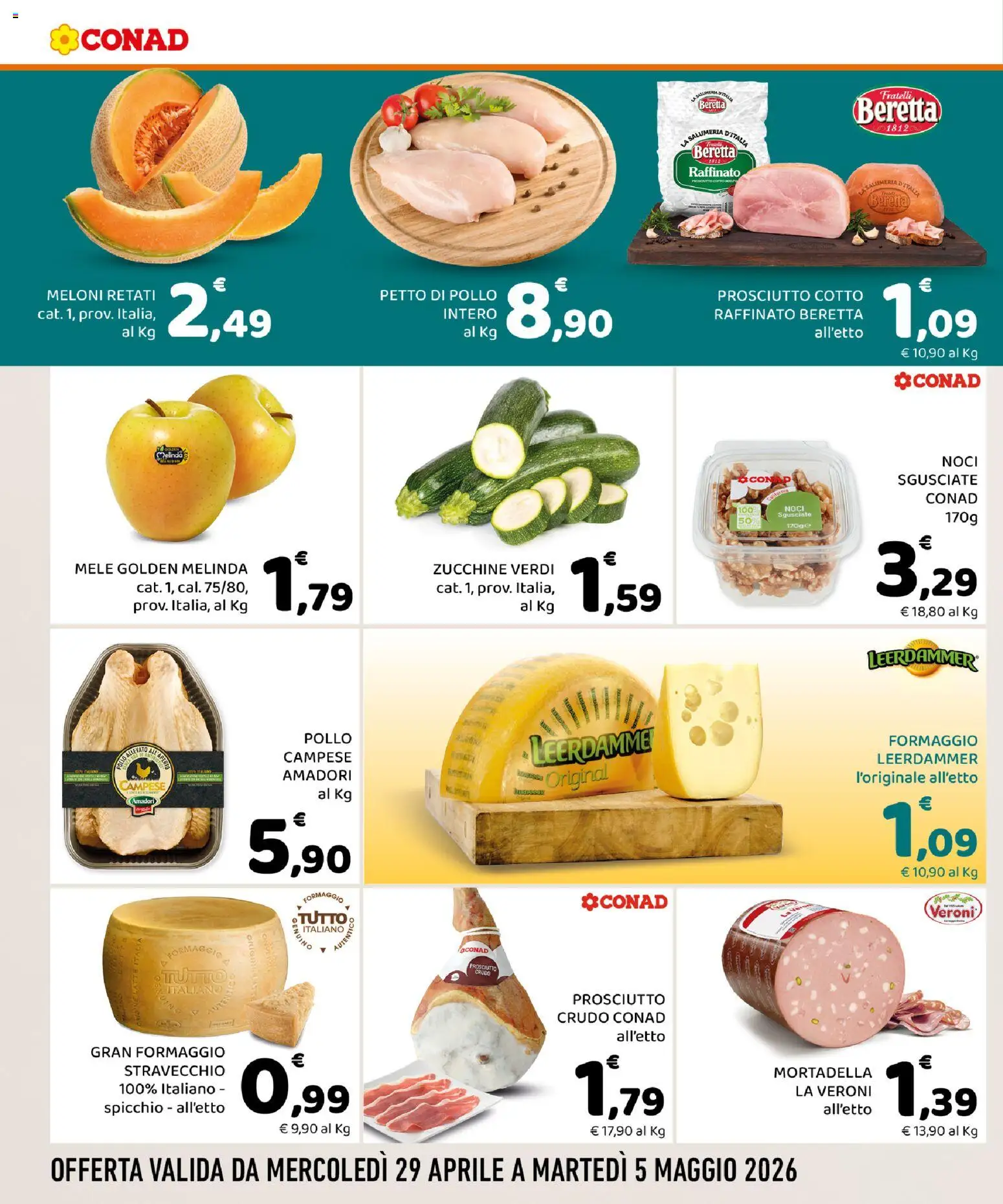 Volantino Conad del 29.04.2026 | Pagina: 2 | Prodotti: Mele, Formaggio, Mortadella, Zucchine