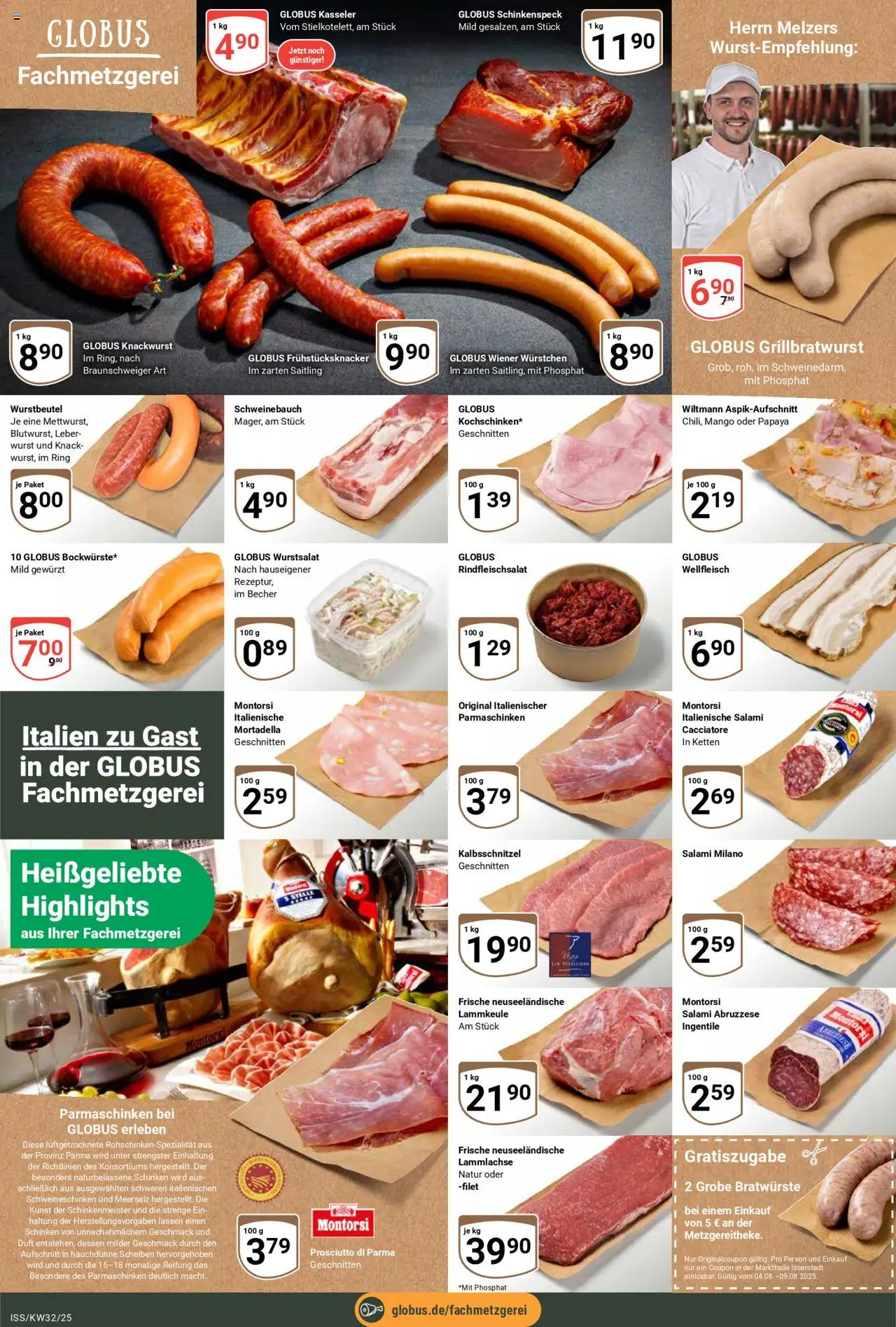 Globus Prospekt 	 - gültig ab dem 04.08.2025 | Seite: 12 | Produkte: Lammkeule, Wurst, Salami, Schinken