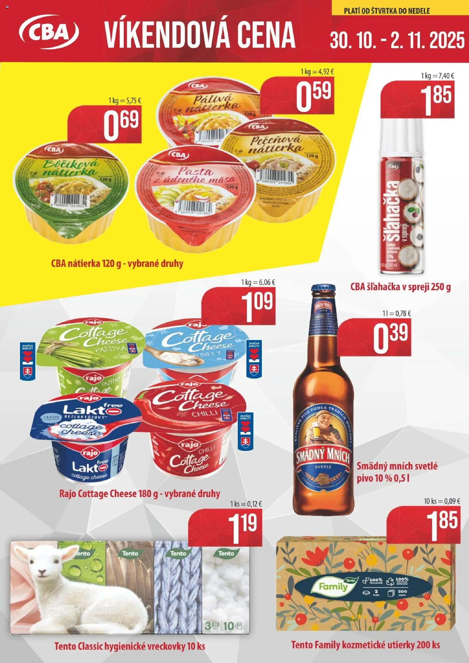 Nové KARMEN CBA akcie – leták je platný od 30.10.2025 | Strana: 1 | Produkty: Pivo, Pažítka, Chilli, Šľahačka