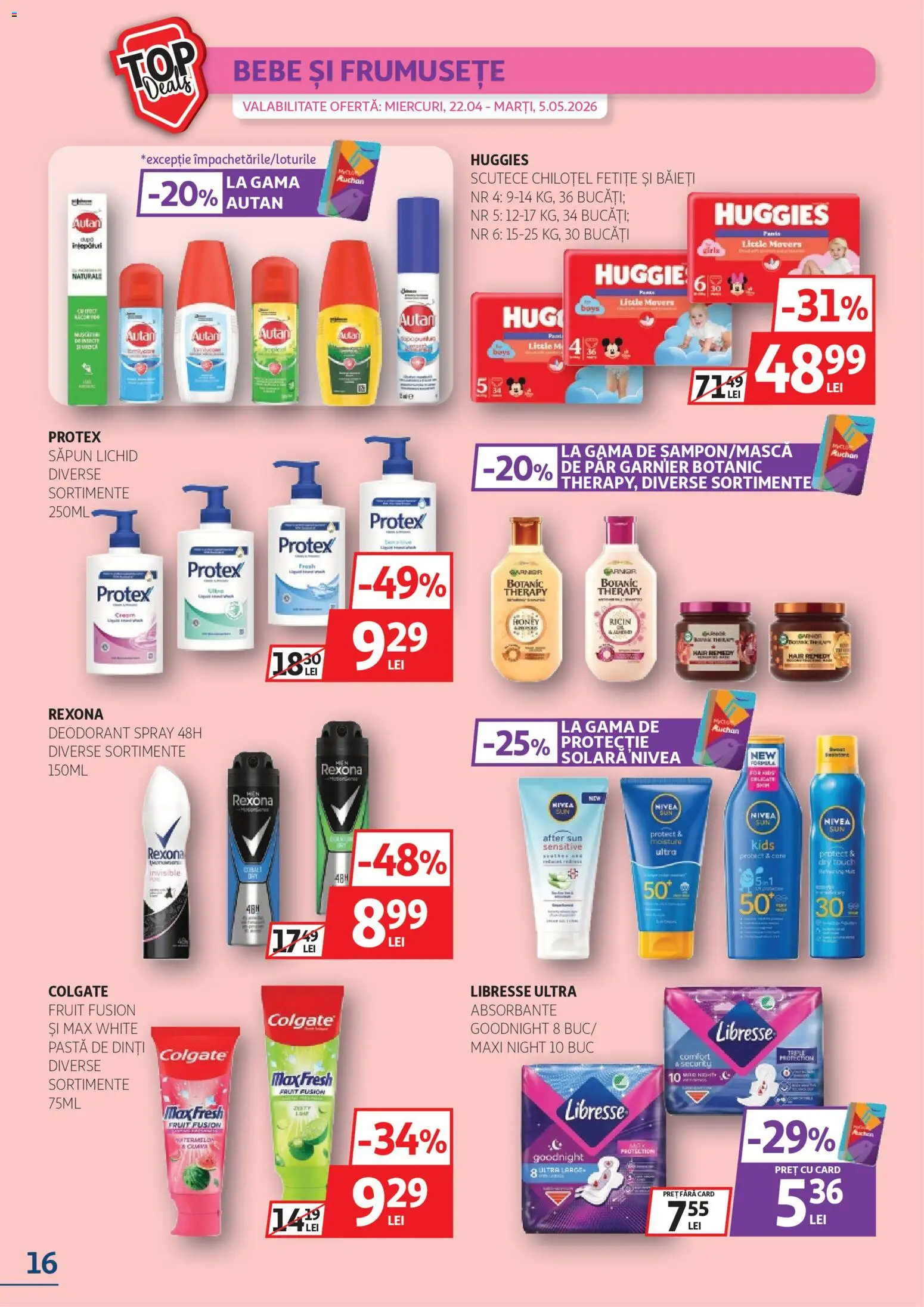 Noul catalog Auchan – valabil de la 22.04.2026 | Pagină: 16 | Produse: Săpun, Deodorant, Pastă de dinți, Scutece