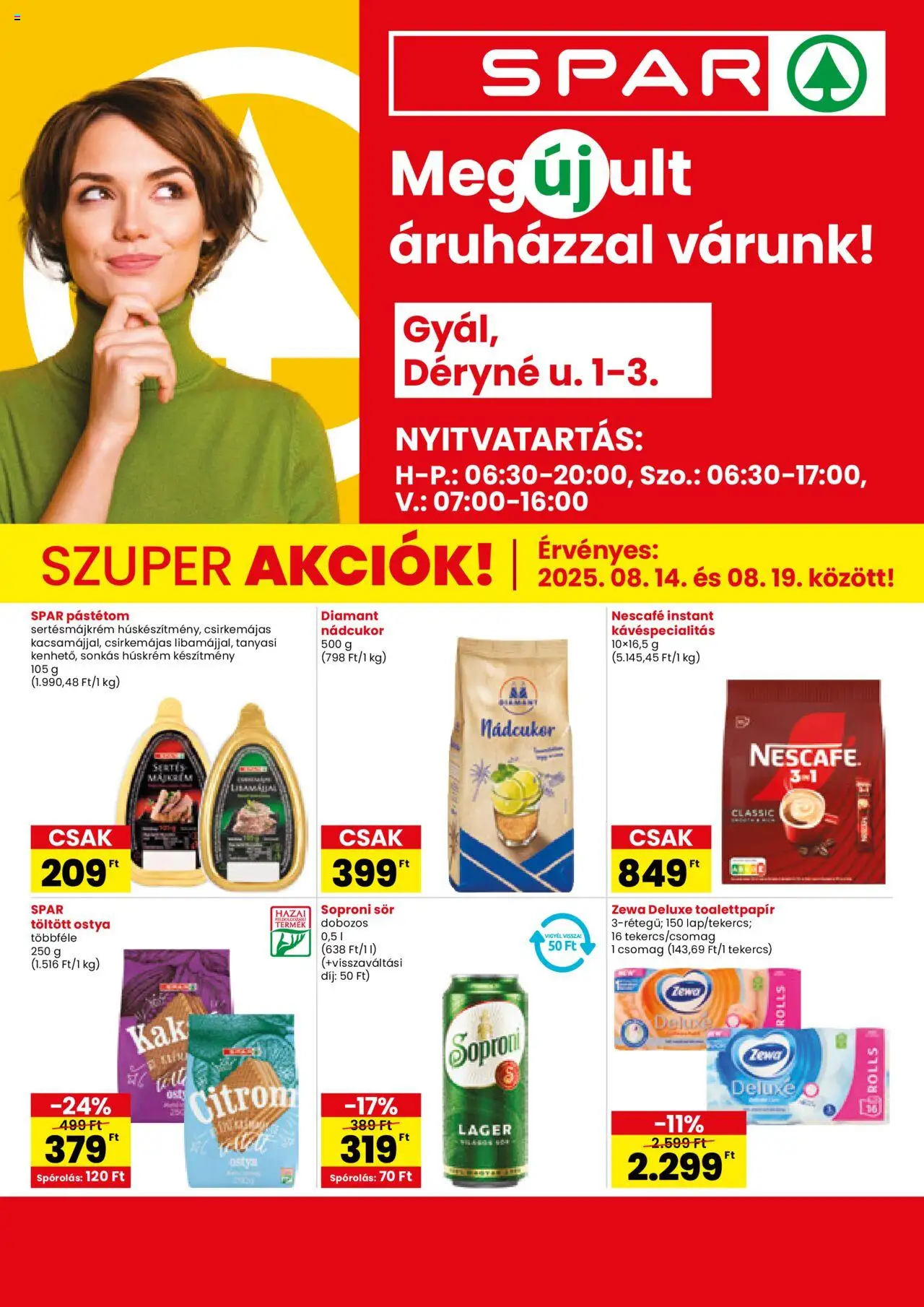 Spar akciós ujság - amely érvényes a következő dátumtól: 14.08.2025 | Oldal: 1 | Termékek: Nescafé, Nádcukor, Pástétom, Sör