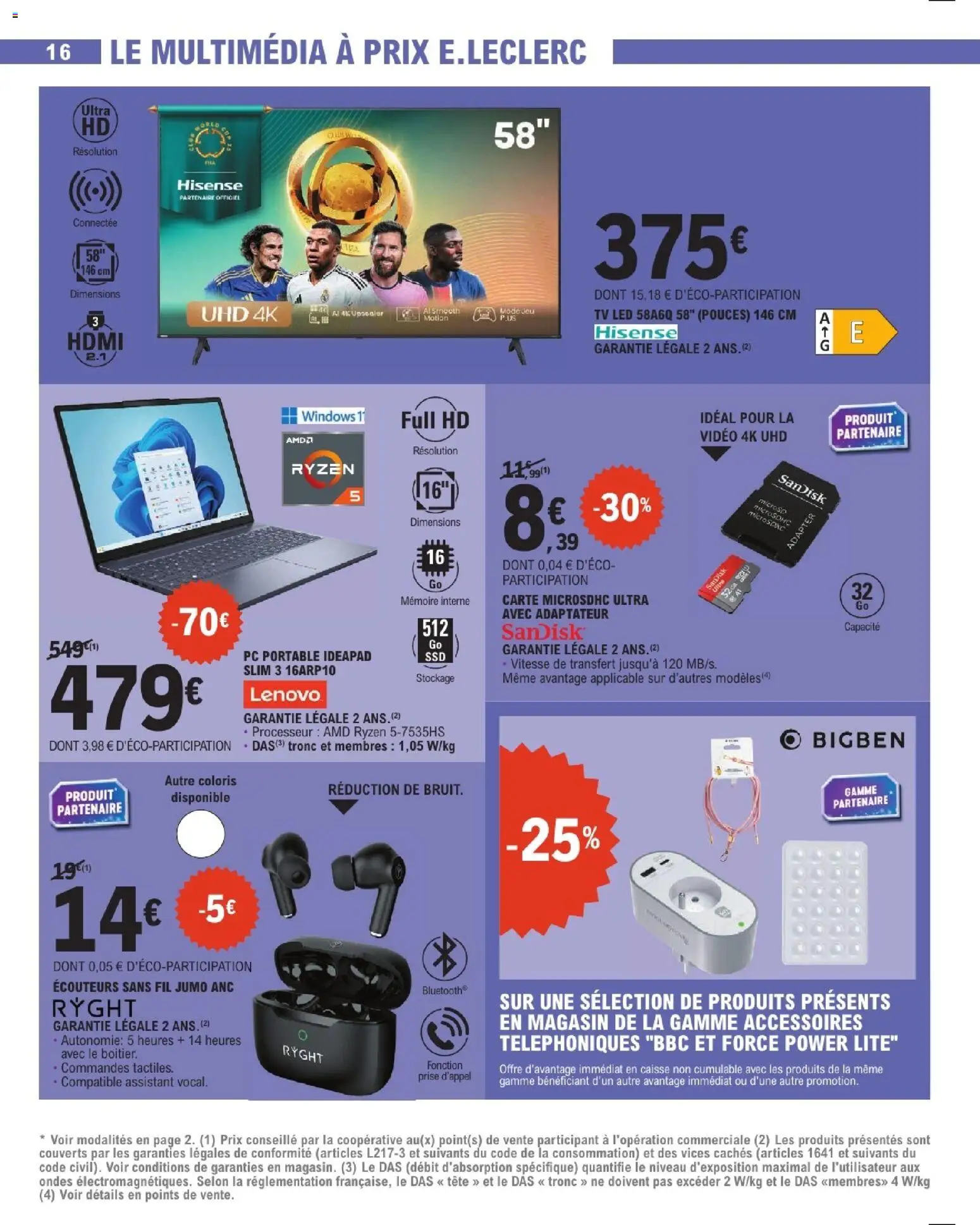 {H1} | Page: 16 | Produits: Écouteurs, Adaptateur, TV led, Prise