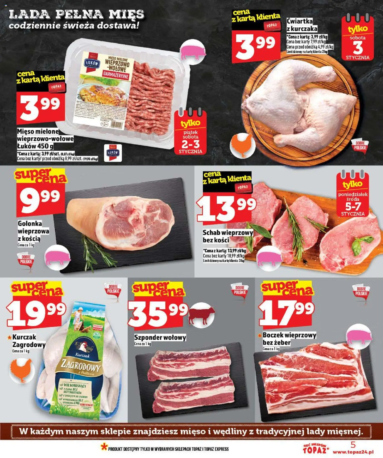 Topaz Gazetka MAZ od 02.01.2026 | Strona: 5 | Produkty: Schab, Boczek wieprzowy, Golonka wieprzowa, Mięso mielone