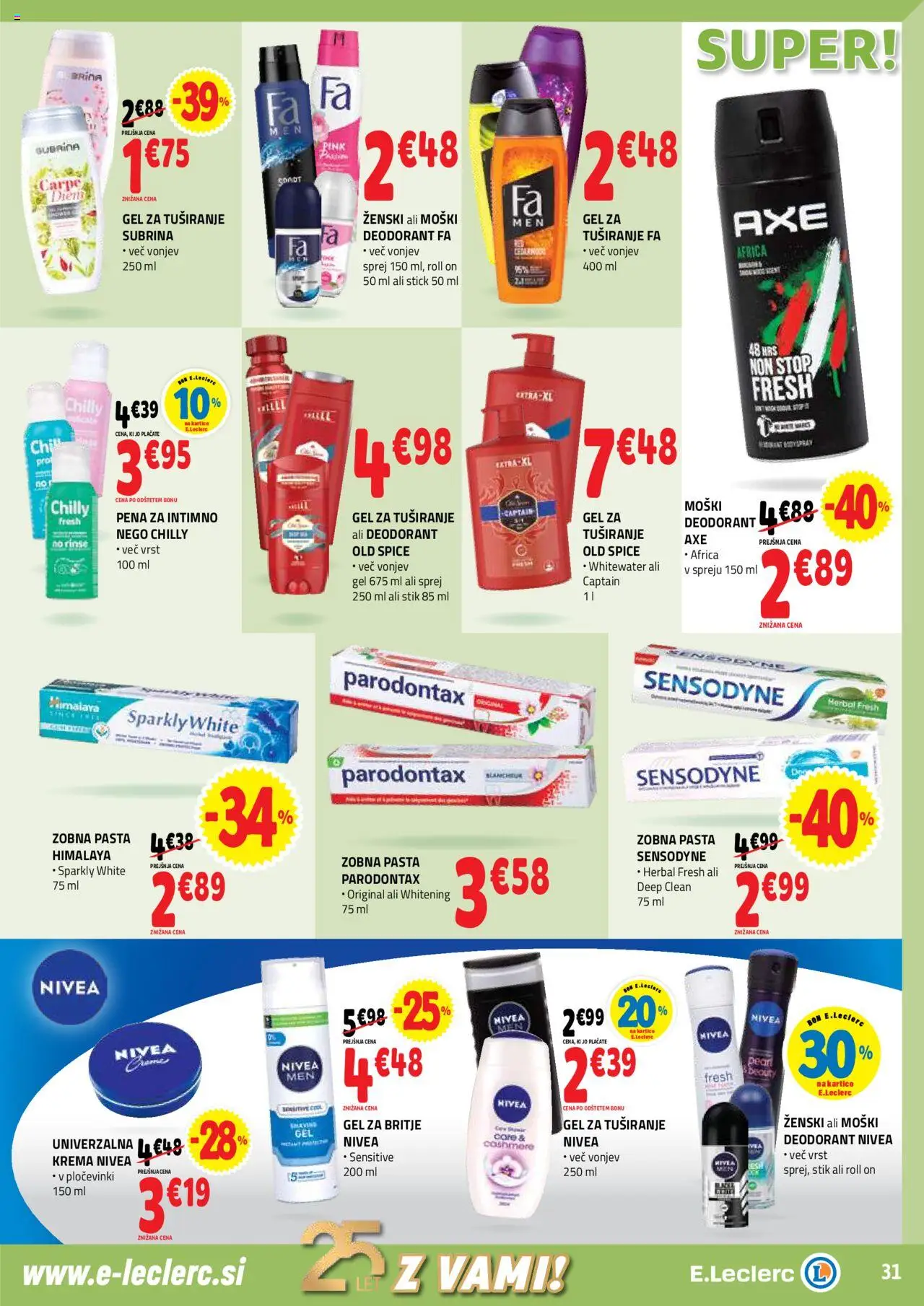 Novi E.leclerc katalog ponudbe – veljaven od 08.10.2025 | Stran: 31 | Izdelki: Krema, Gel za tusiranje, Deodorant, Zobna pasta