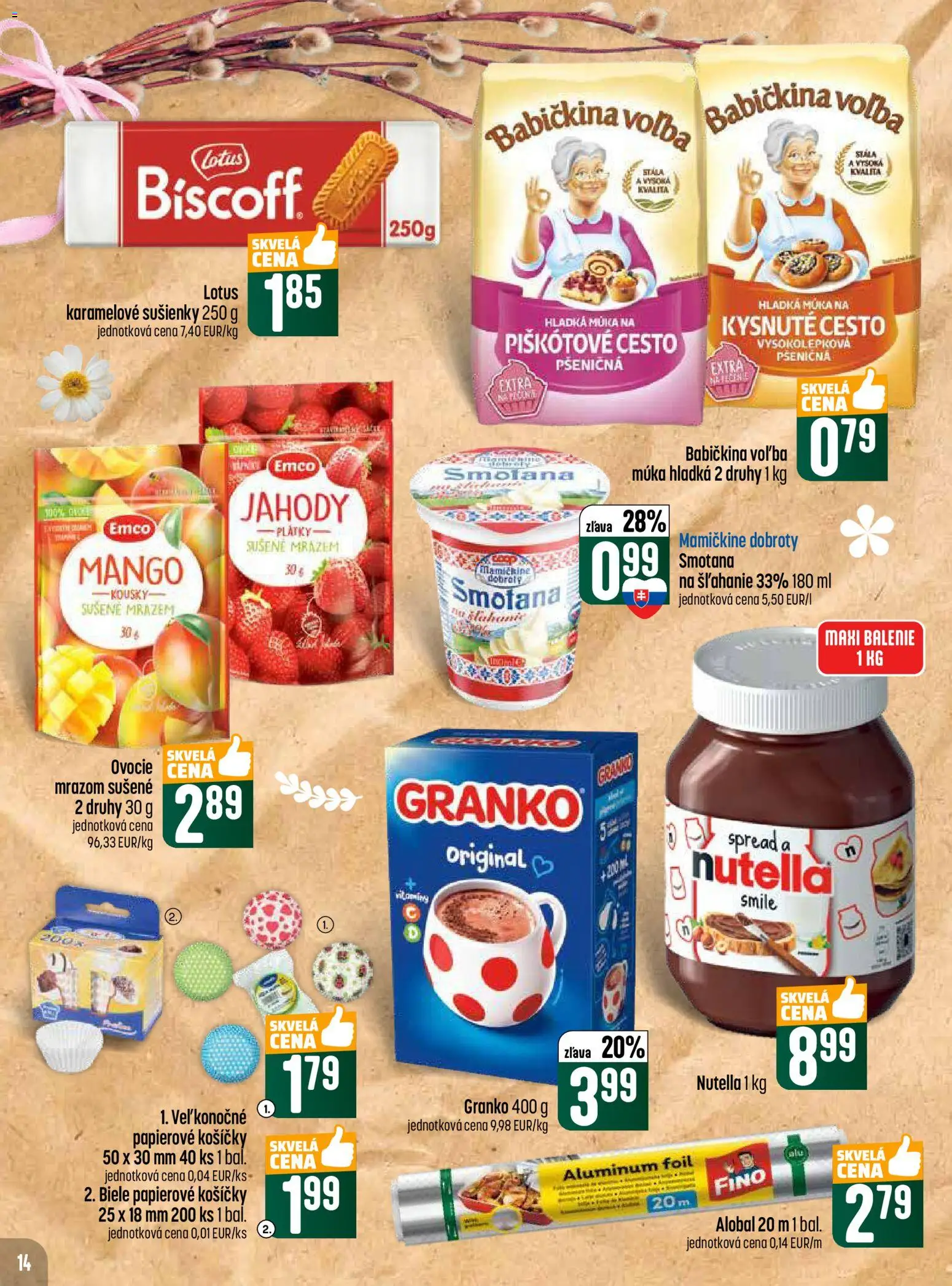 Nové COOP Jednota akcie – leták je platný od 19.03.2026 | Strana: 14 | Produkty: Jahody, Múka, Granko, Smotana na šľahanie