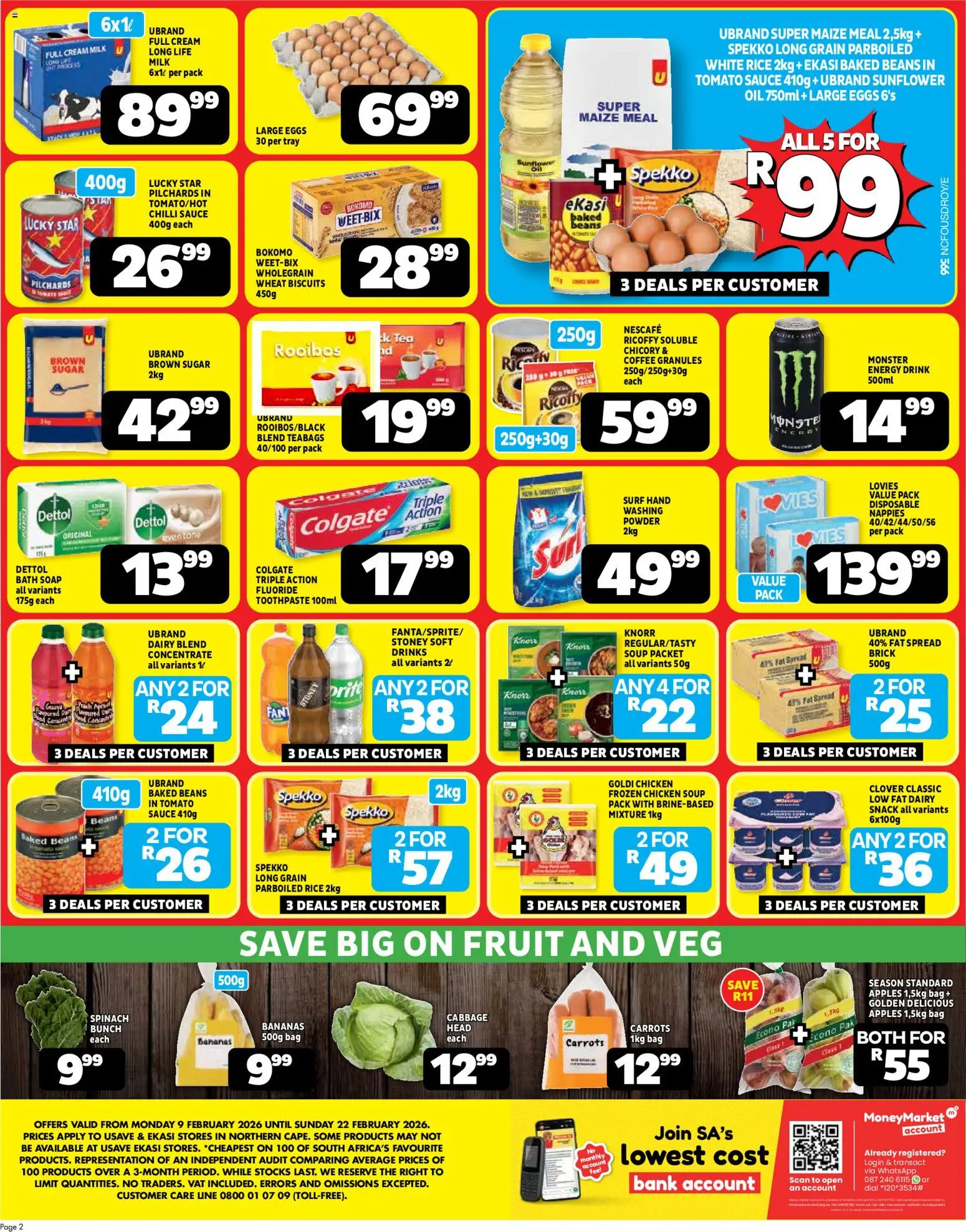 New Usave catalogue – valid from 09.02.2026 | Page: 2 | Products: Pilchards, Soup, Fruit, Chilli