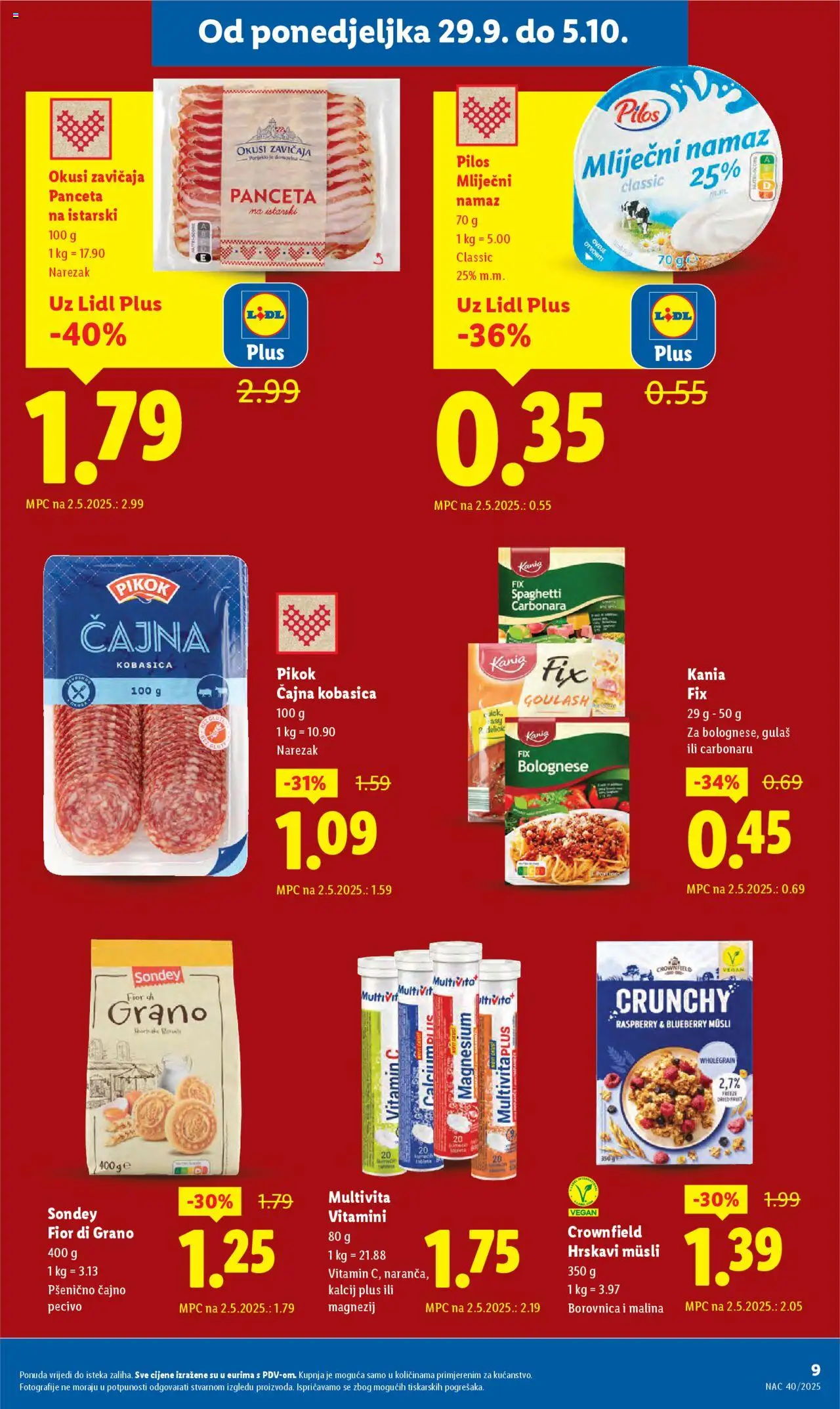 Lidl katalog | vrijedi od 29.09.2025 | Stranica: 9 | Proizvodi: Musli, Panceta, Pecivo, Namaz