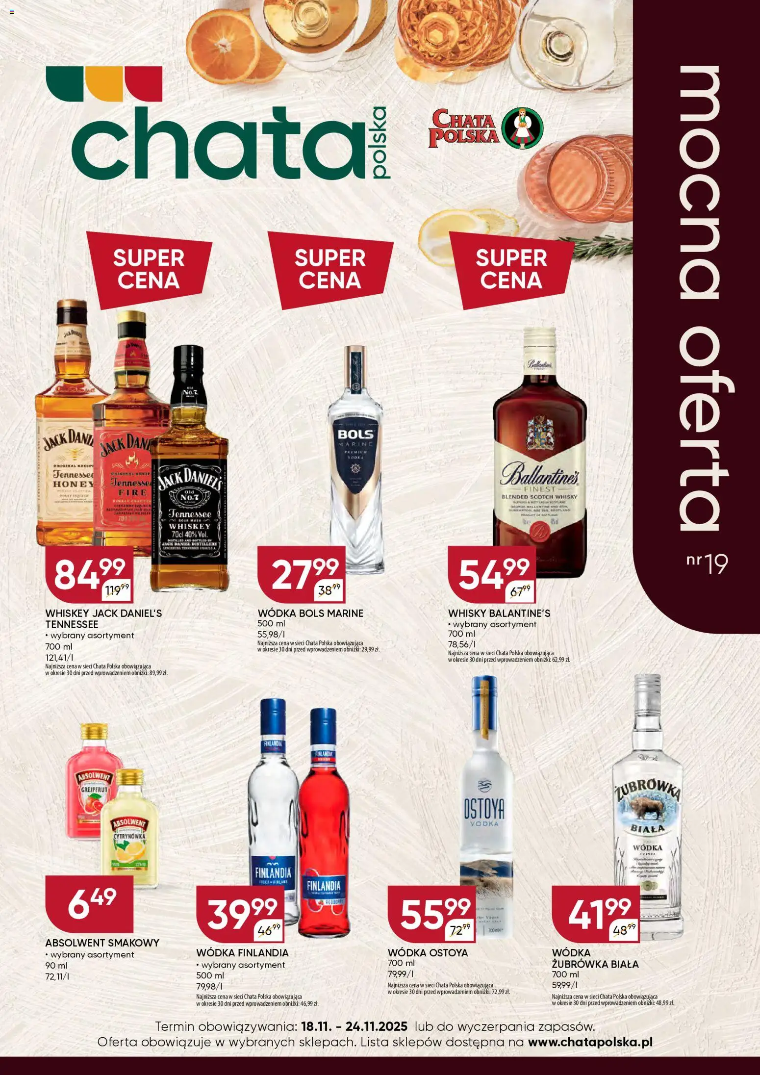 Chata Polska Gazetka - Mocna Oferta od 18.11.2025 | Strona: 1 | Produkty: Jack Daniel's, Żubrówka, Vodka, Grejpfrut