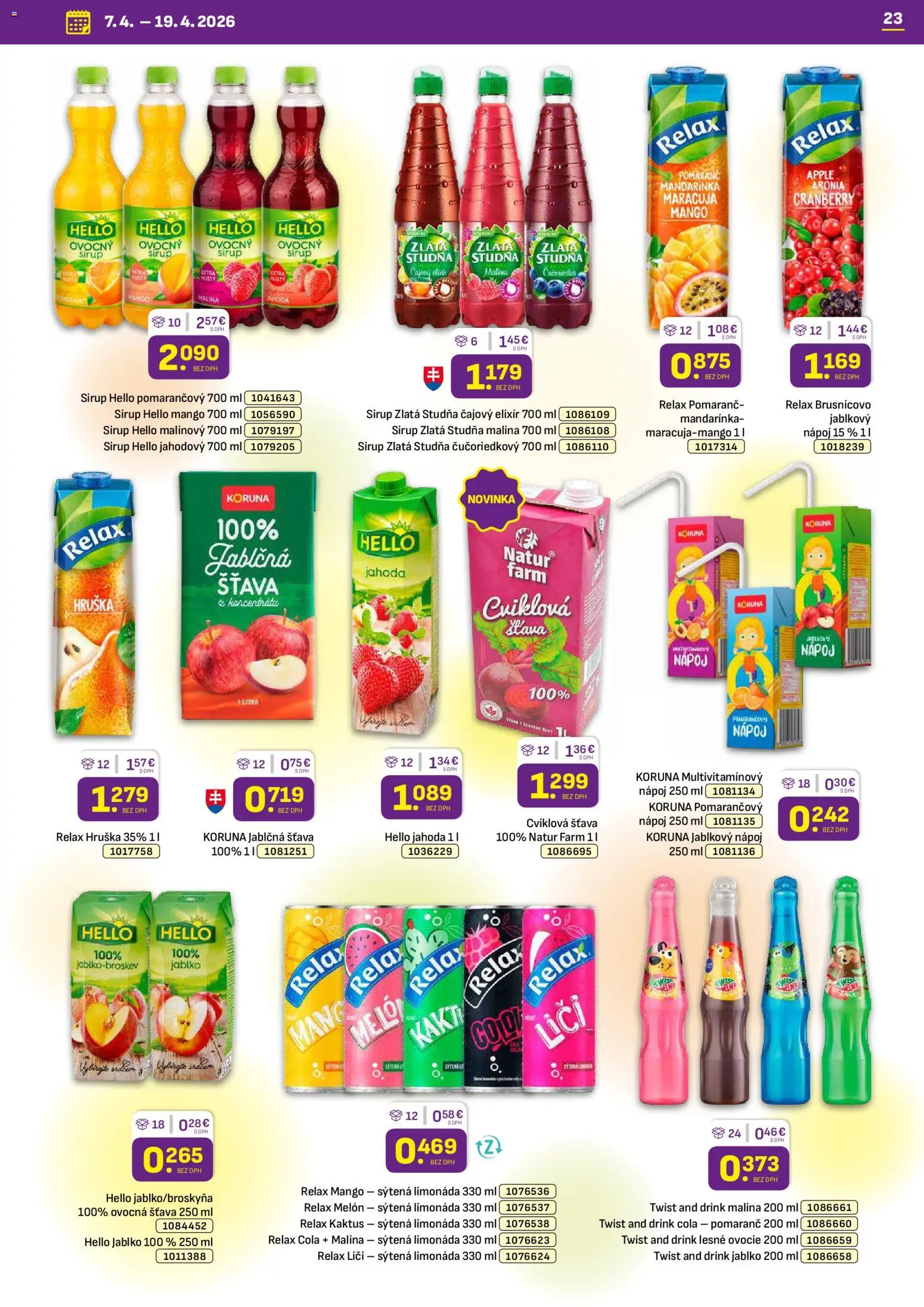 Nové Libex akcie – leták je platný od 07.04.2026 | Strana: 23 | Produkty: Liči, Mango, Melón, Cola