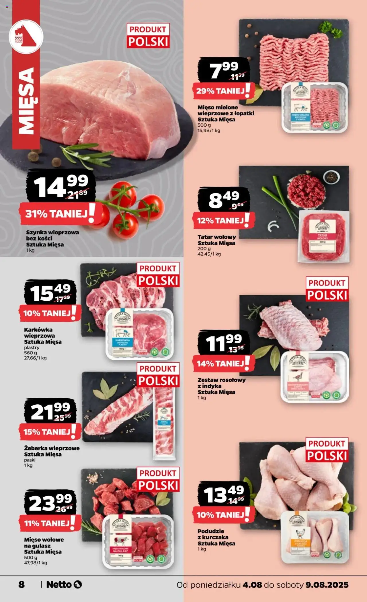 Netto gazetka - Spożywcza od 04.08.2025 | Strona: 8 | Produkty: Karkówka, Mięso, Szynka wieprzowa, Gulasz