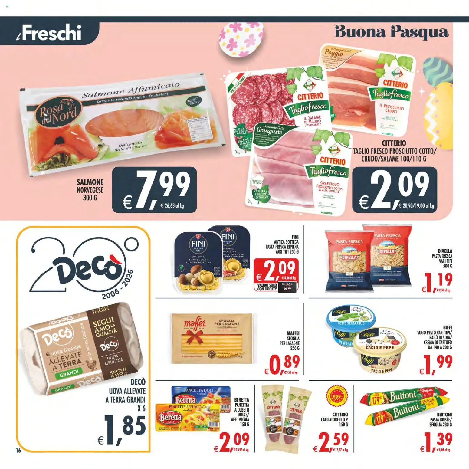 Volantino Decò del 27.03.2026 | Pagina: 18 | Prodotti: Salmone affumicato, Uova, Pancetta, Tortelloni