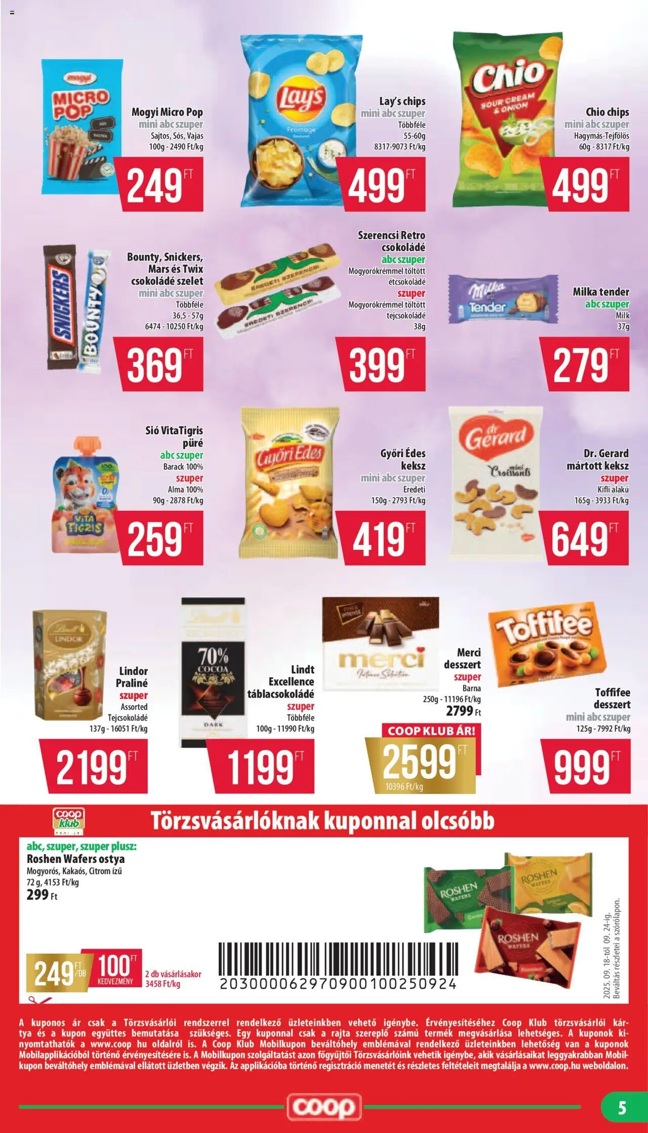 COOP akciós ujság - amely érvényes a következő dátumtól: 18.09.2025 | Oldal: 5 | Termékek: Étcsokoládé, Toffifee, Alma, Keksz