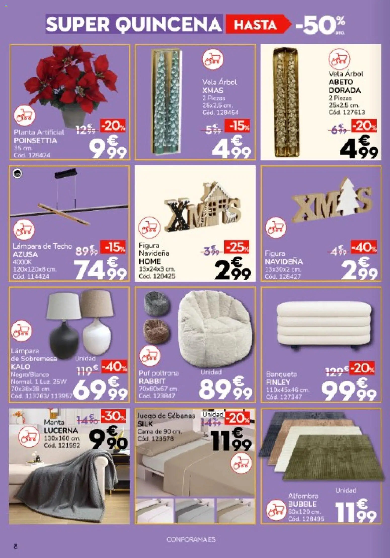 Conforama folleto │ válido desde el 18.12.2025 | Página: 8 | Productos: Lámpara de techo, Juego de sábanas, Alfombra, Lámpara