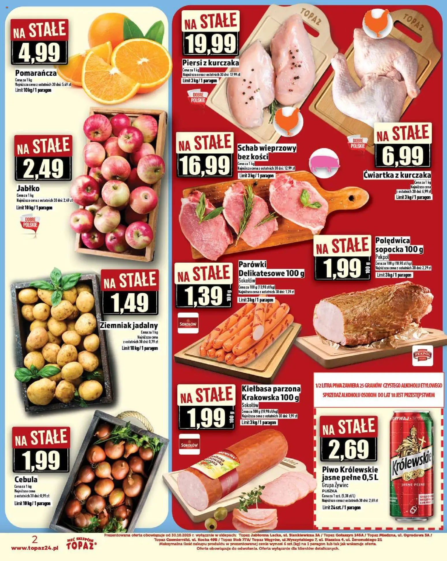 Topaz Gazetka - Ceny małe na stałe od 30.10.2025 | Strona: 2 | Produkty: Piersi, Schab wieprzowy, Piwo, Ćwiartka z kurczaka