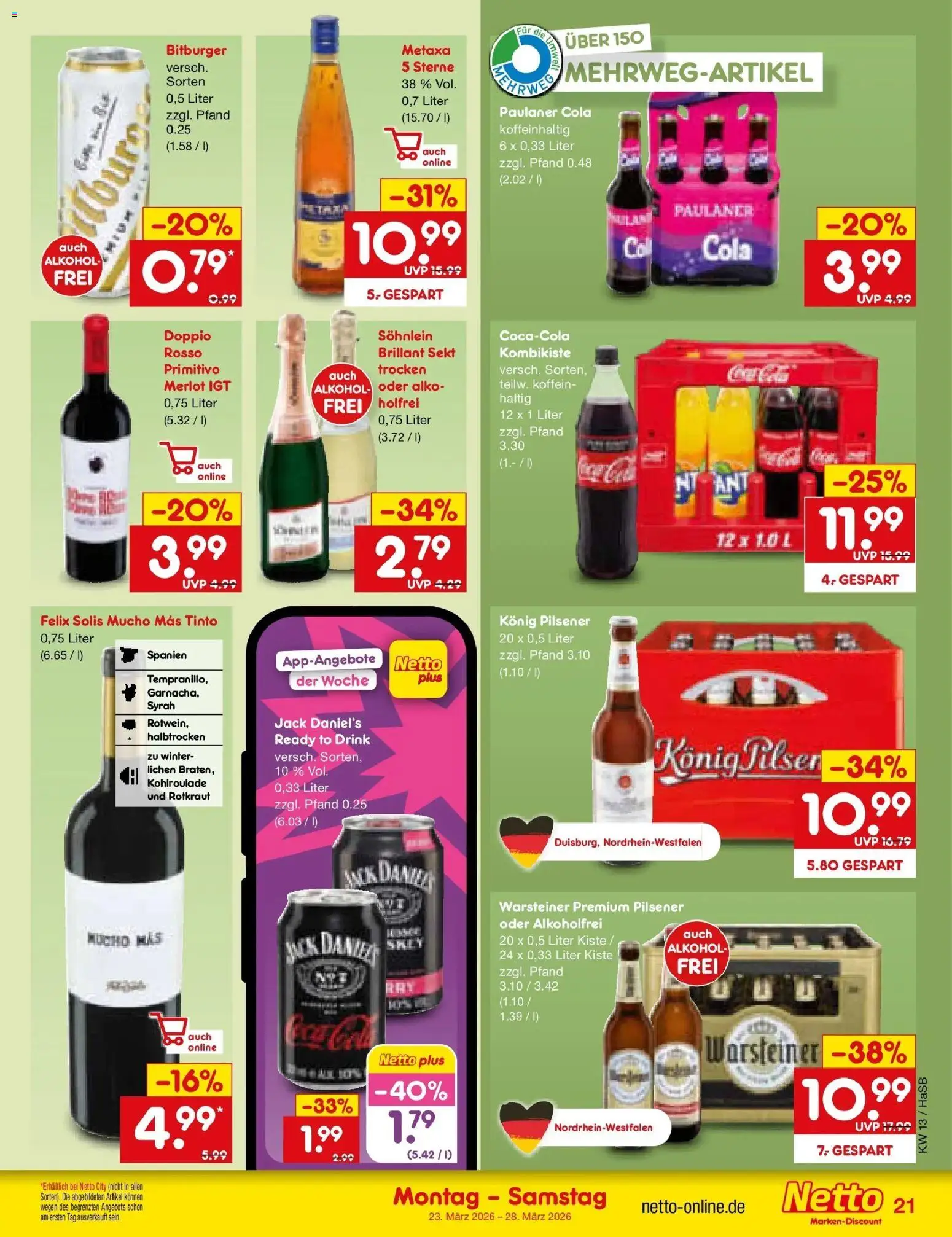 Netto Marken-Discount Prospekt Wuppertal	 – gültig ab 23.03.2026 | Seite: 23 | Produkte: Bitburger, Cola, Jack Daniel's, Metaxa