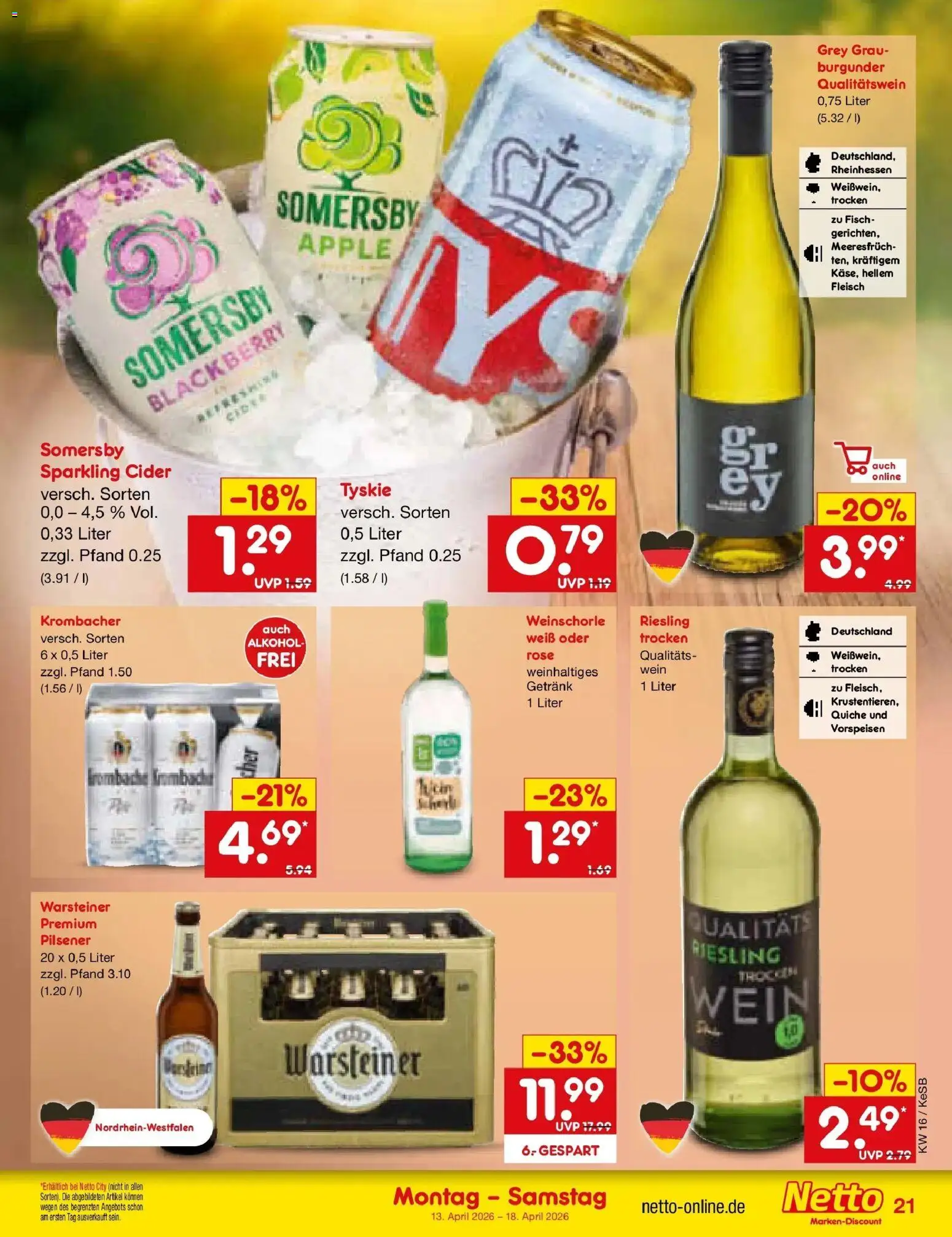 Netto Marken-Discount Prospekt Kruft	 – gültig ab 13.04.2026 | Seite: 29 | Produkte: Tyskie, Apple, Weinschorle, Krombacher