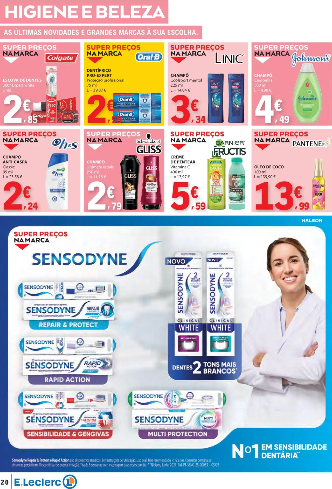 E.Leclerc folheto │ válido de 07.08.2025 | Página: 20 | Produtos: Shampoo, Escova de dentes, Óleo, Creme