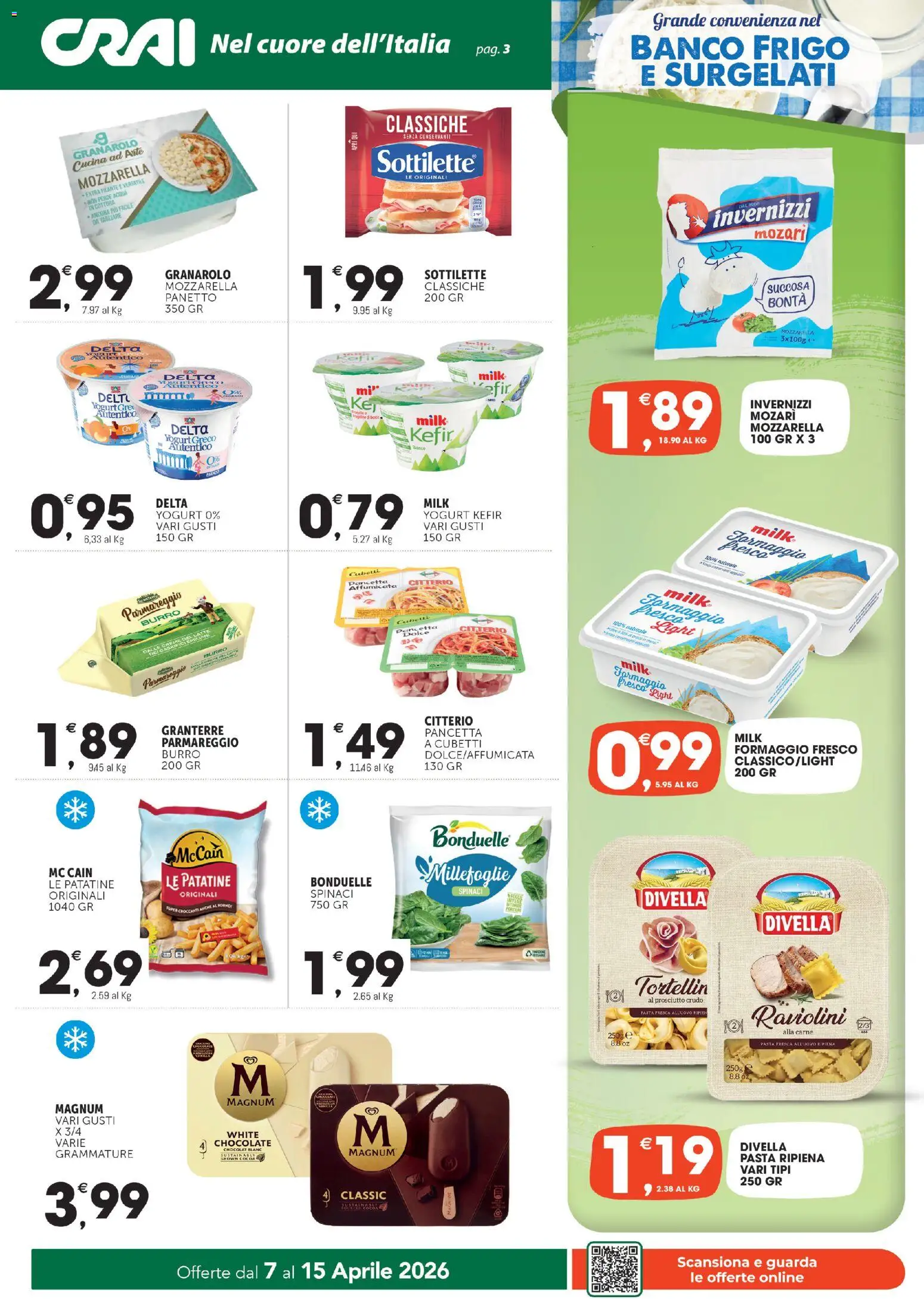 Volantino CRAI del 07.04.2026 | Pagina: 3 | Prodotti: Yogurt greco, Mozzarella, Formaggio, Spinaci